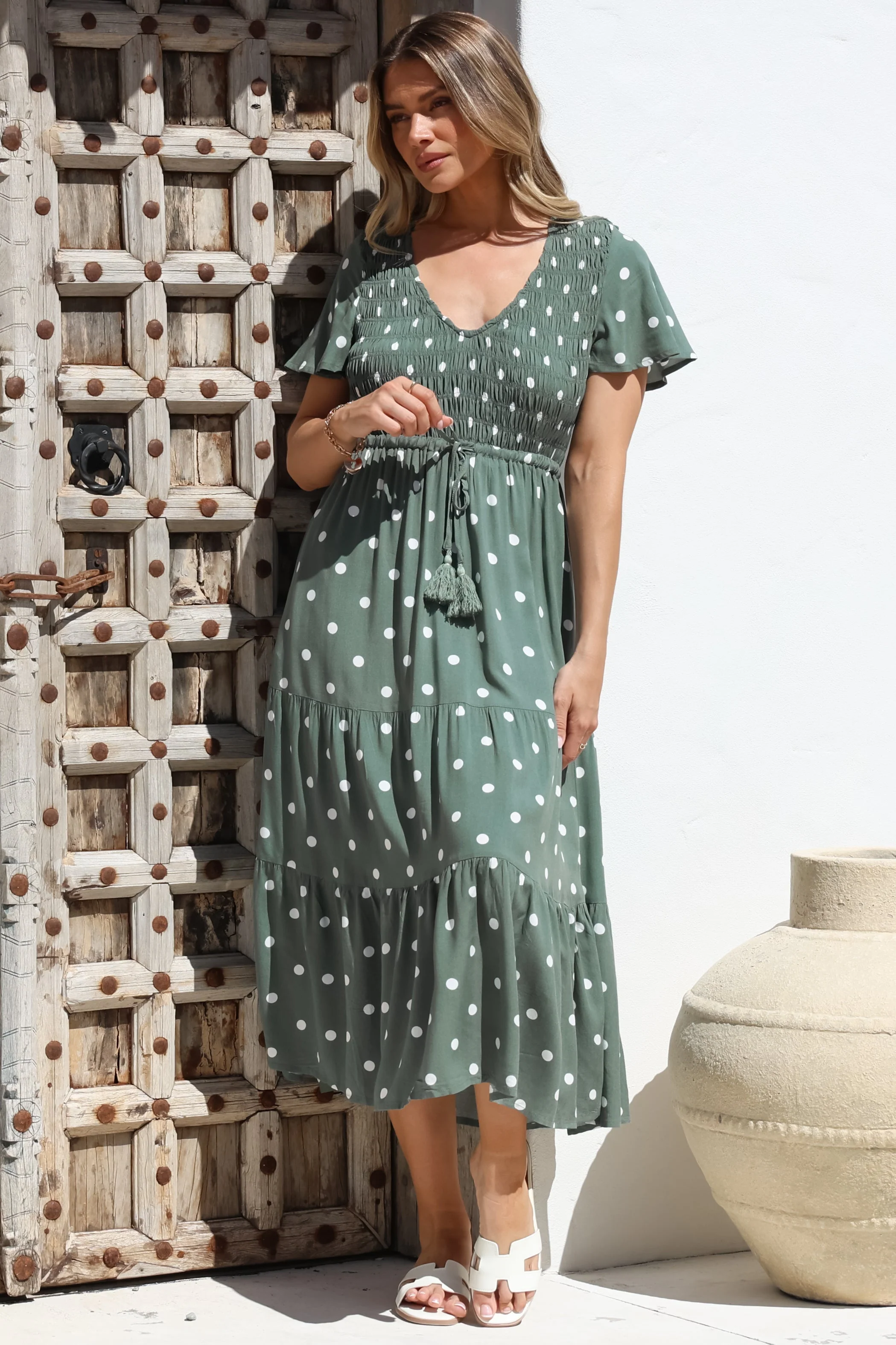 Amaya Midi Dress - Shirred Cap Sleeve A Line Dress in Parisian Polka Khaki - Image 8