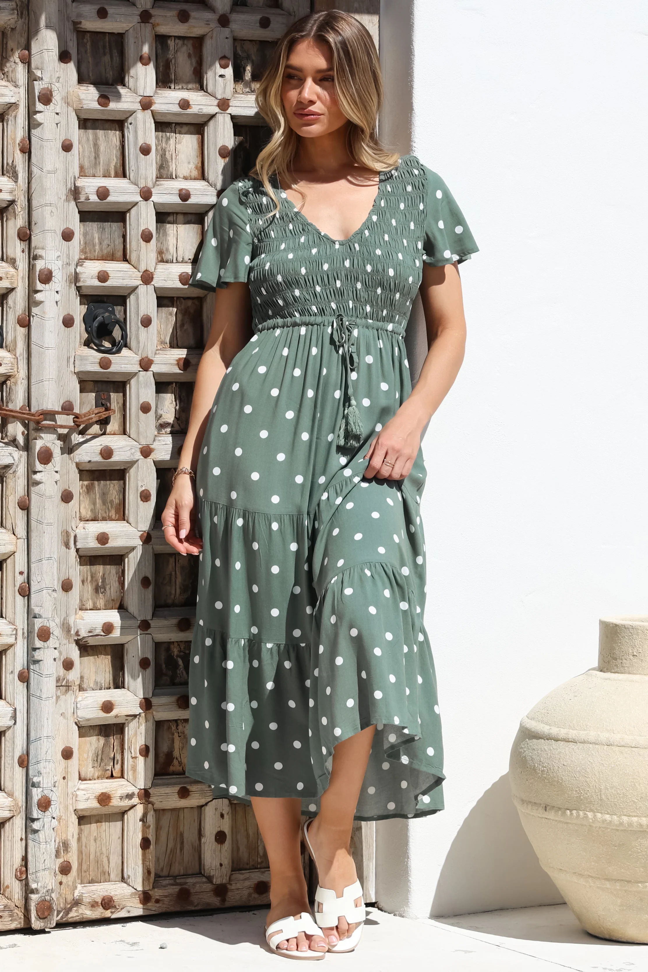 Amaya Midi Dress - Shirred Cap Sleeve A Line Dress in Parisian Polka Khaki - Image 9