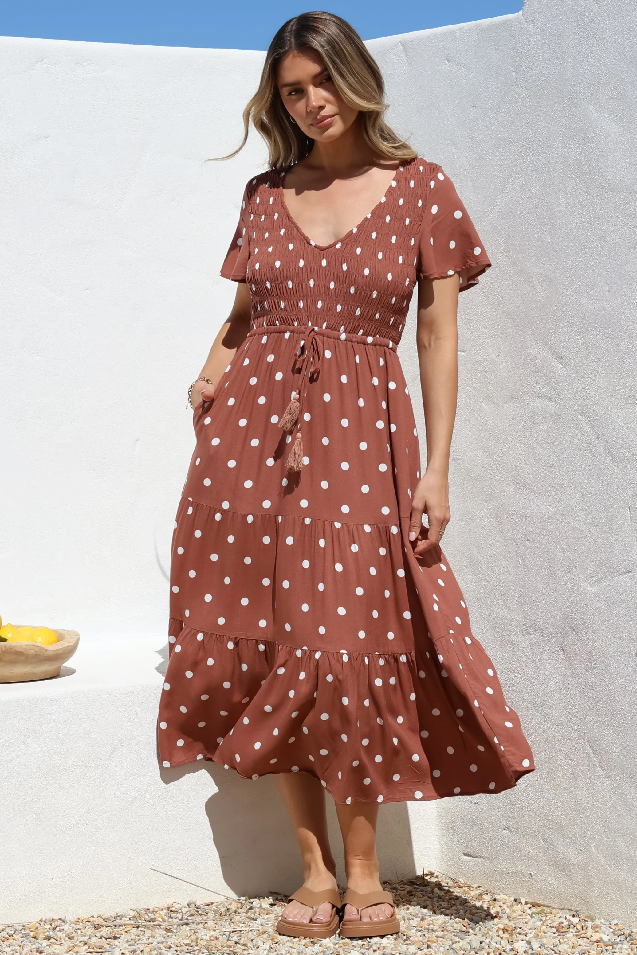 Amaya Midi Dress - Shirred Cap Sleeve A Line Dress in Parisian Polka Rust - Image 10