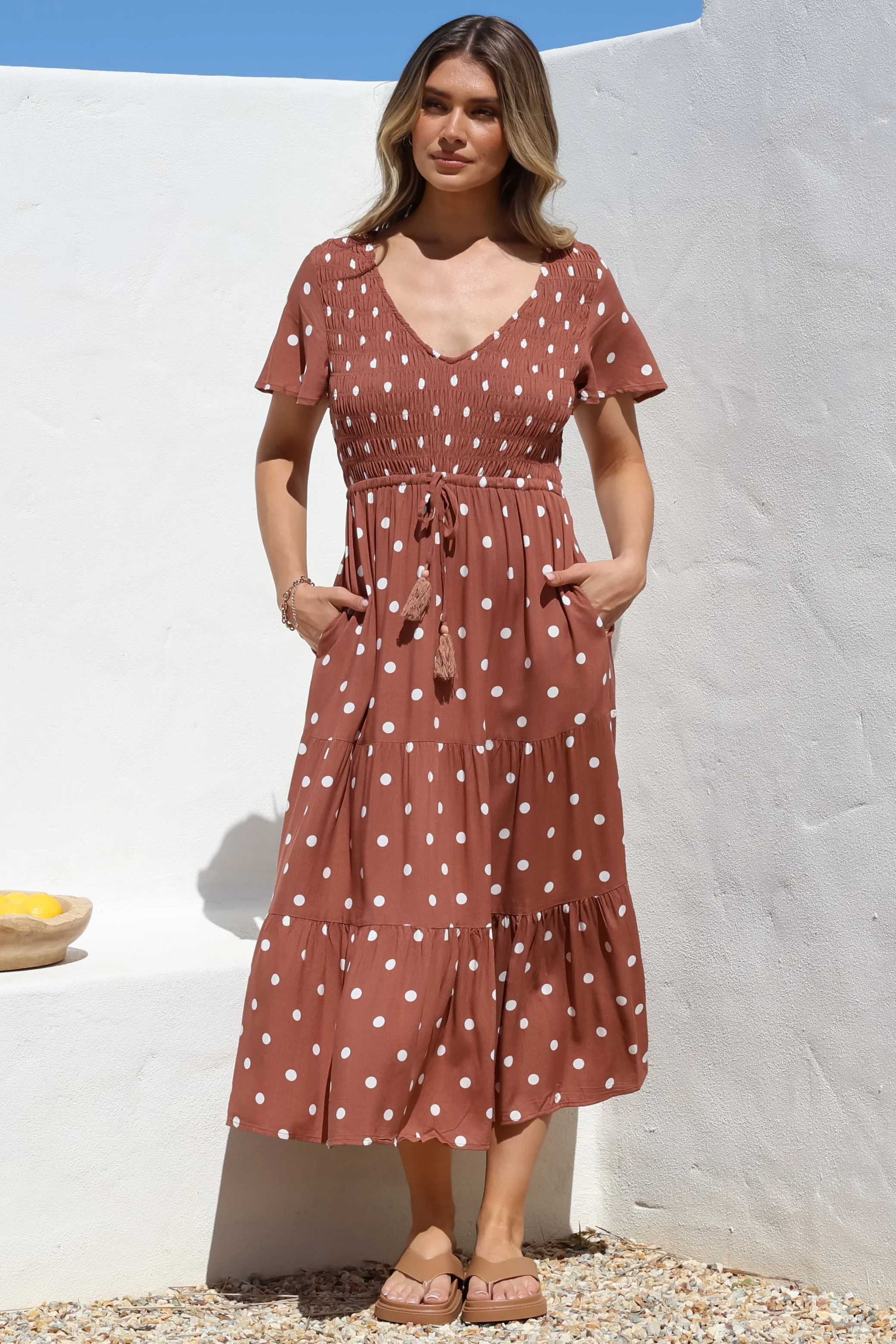 Amaya Midi Dress - Shirred Cap Sleeve A Line Dress in Parisian Polka Rust - Image 11