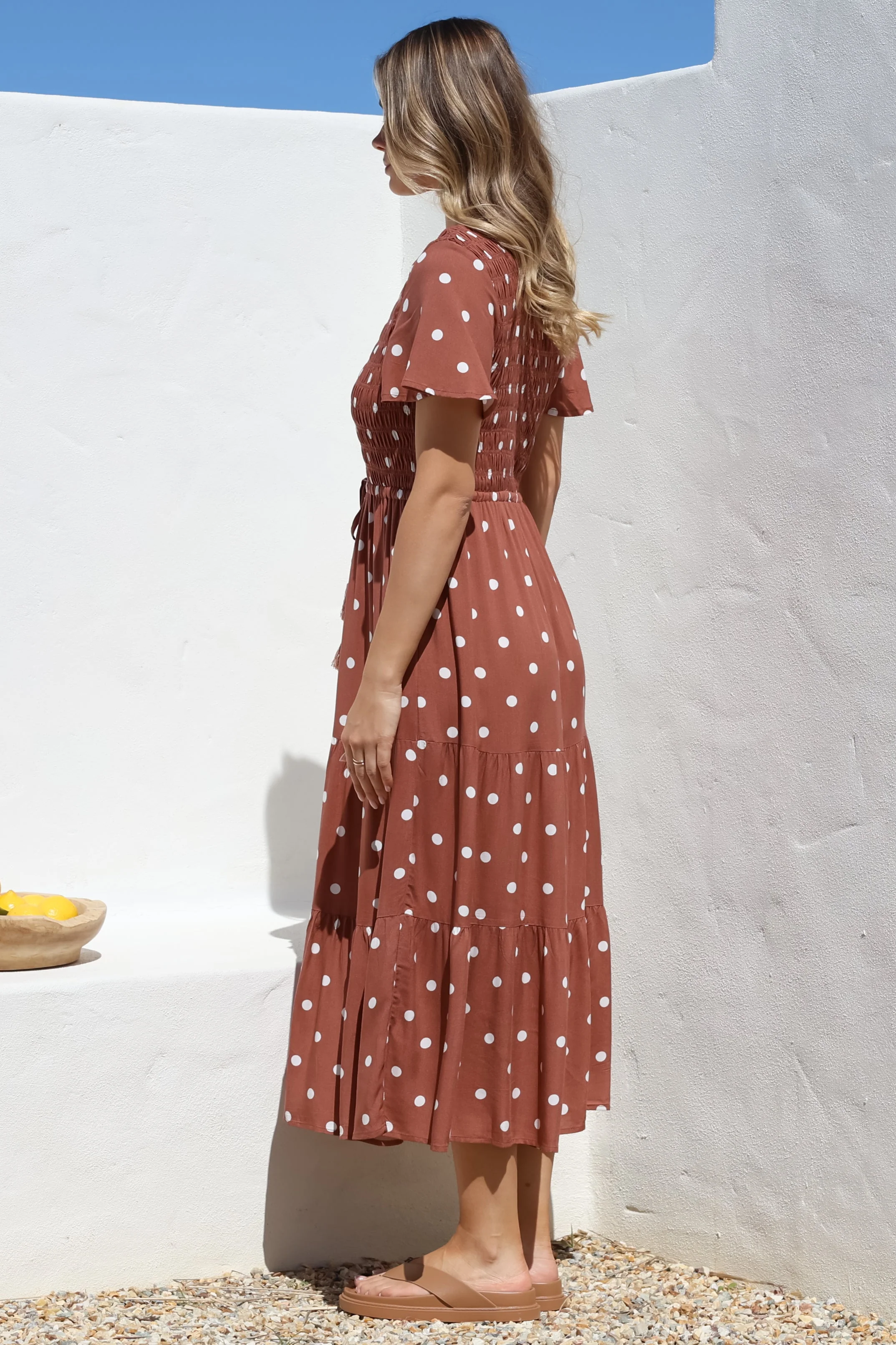 Amaya Midi Dress - Shirred Cap Sleeve A Line Dress in Parisian Polka Rust - Image 12