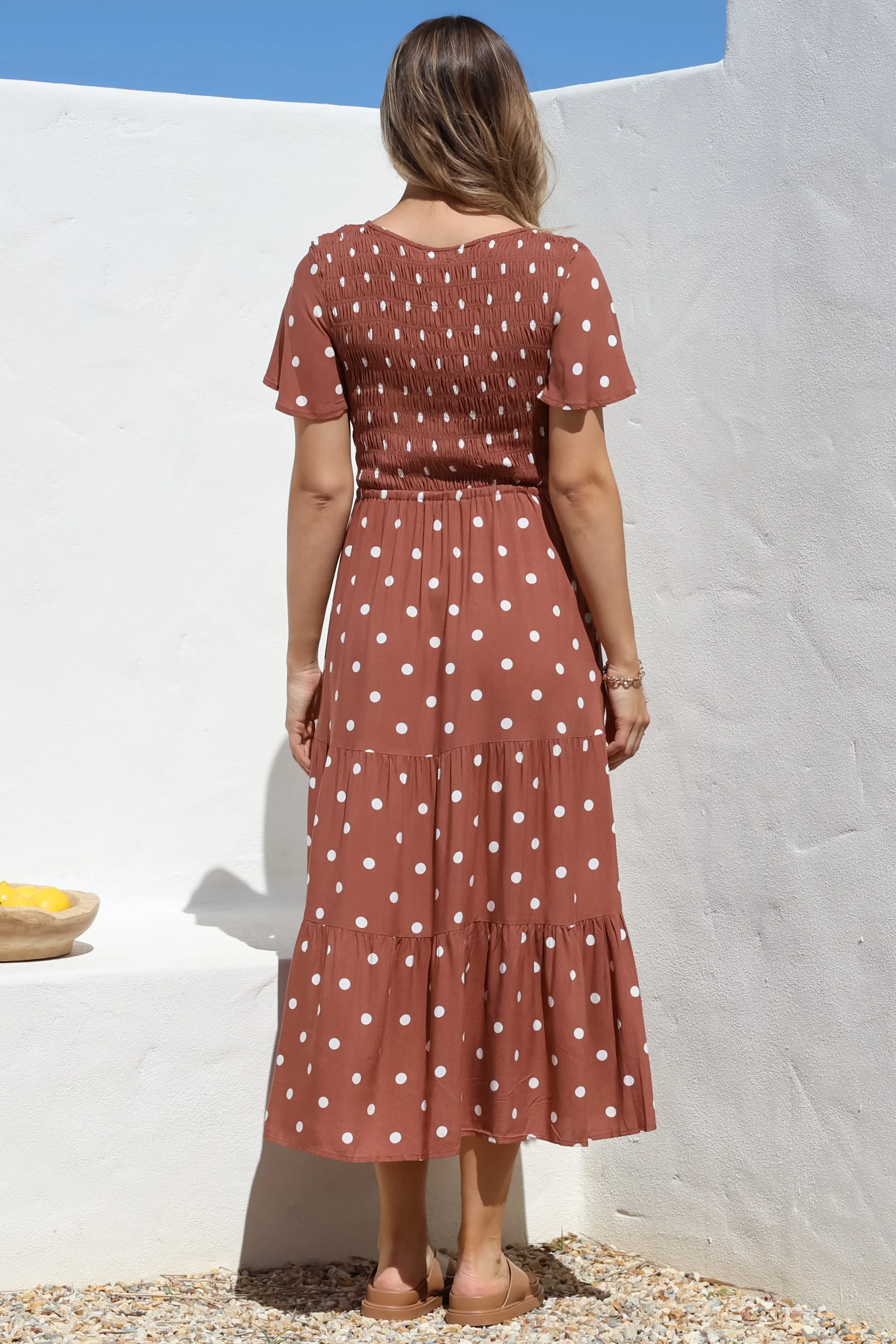 Amaya Midi Dress - Shirred Cap Sleeve A Line Dress in Parisian Polka Rust - Image 13
