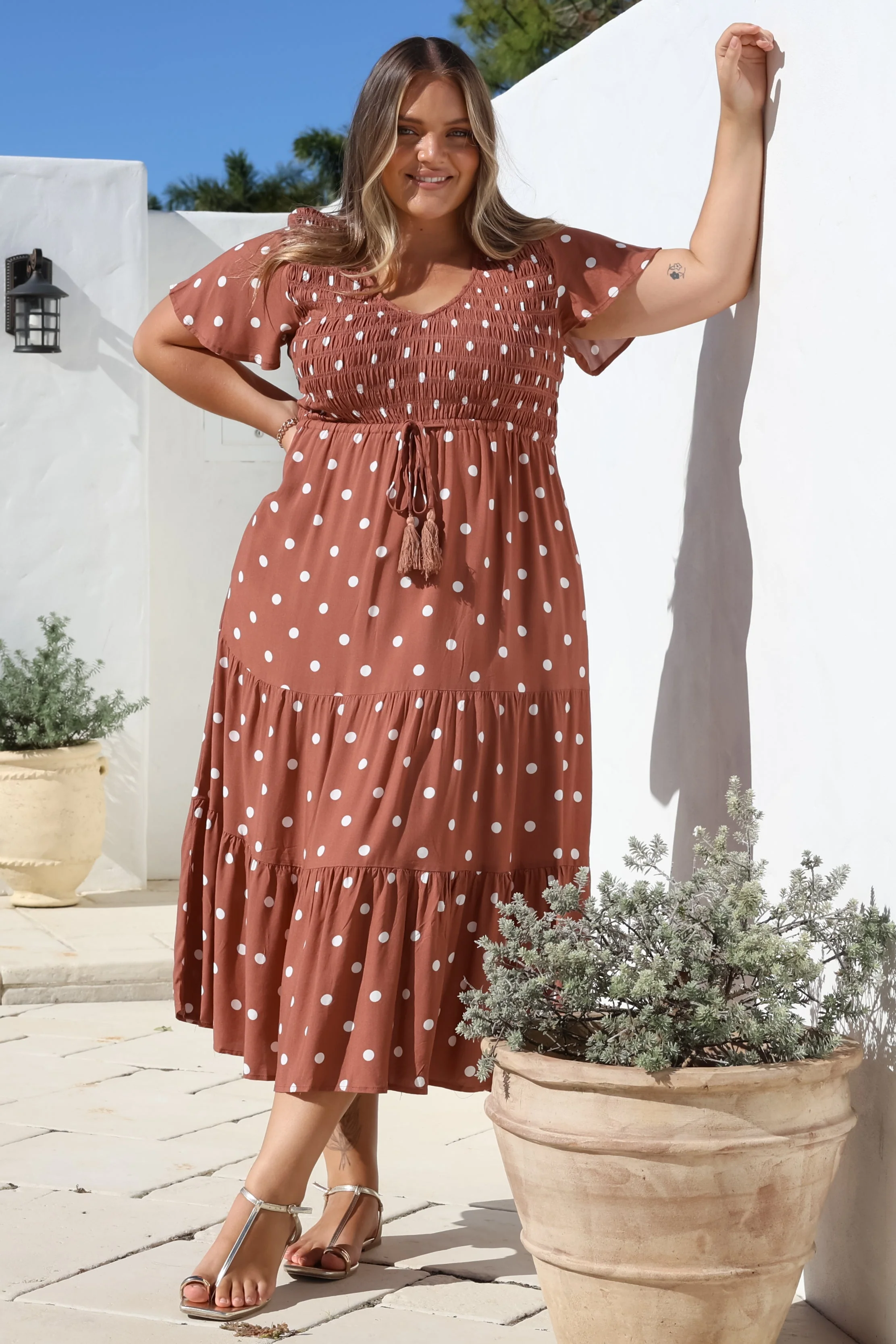 Amaya Midi Dress - Shirred Cap Sleeve A Line Dress in Parisian Polka Rust - Image 2