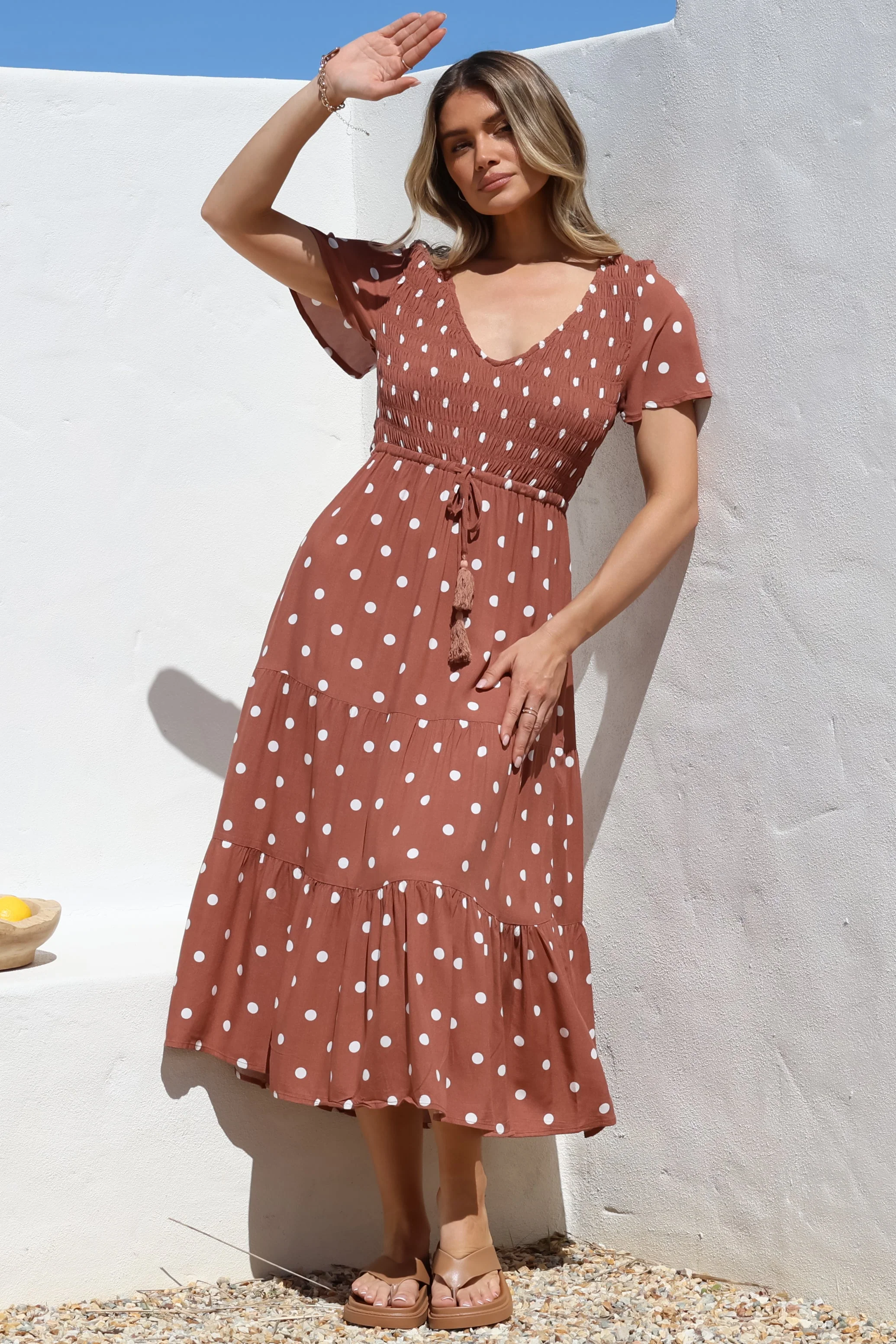 Amaya Midi Dress - Shirred Cap Sleeve A Line Dress in Parisian Polka Rust - Image 5