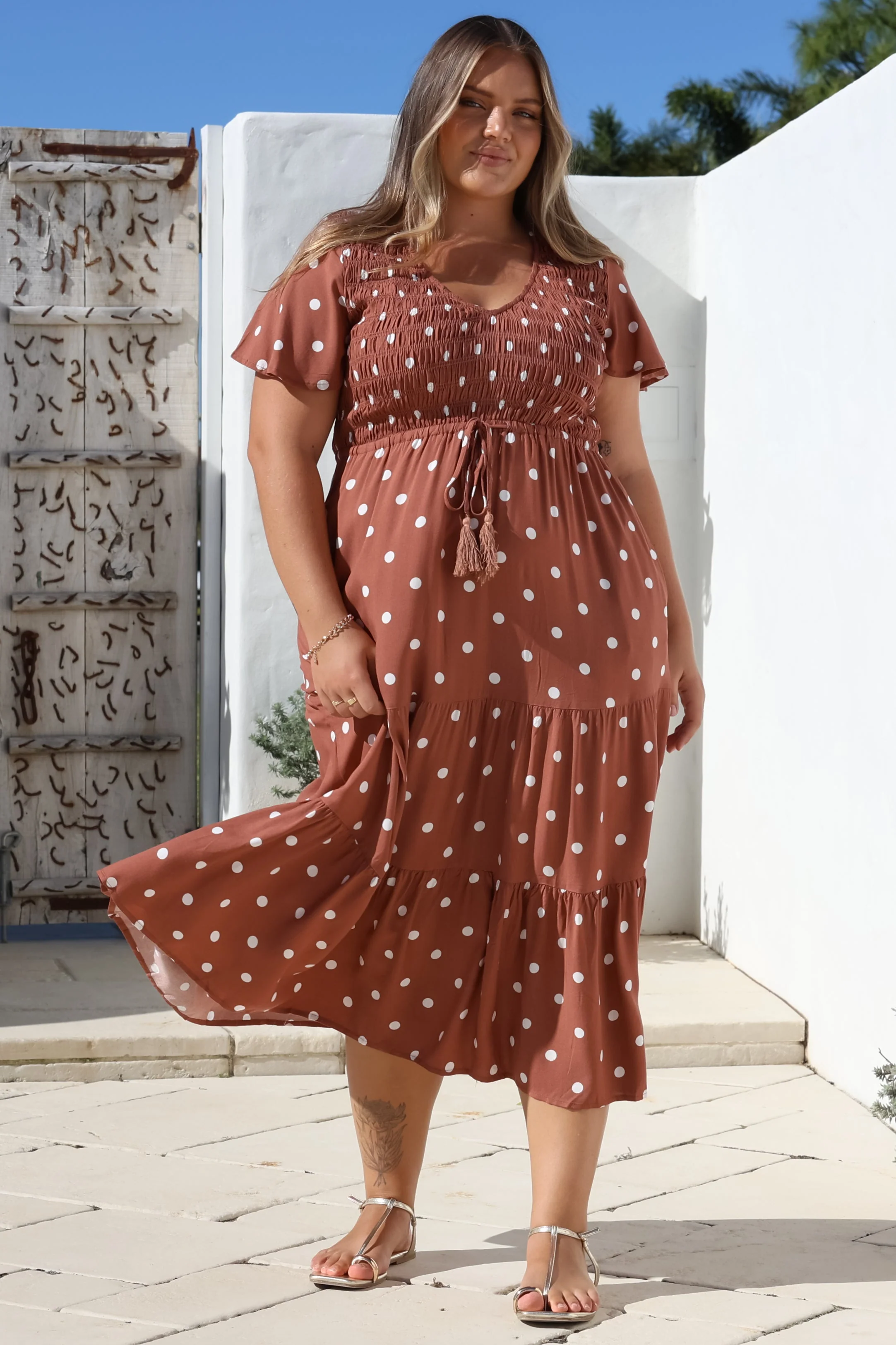 Amaya Midi Dress - Shirred Cap Sleeve A Line Dress in Parisian Polka Rust - Image 6