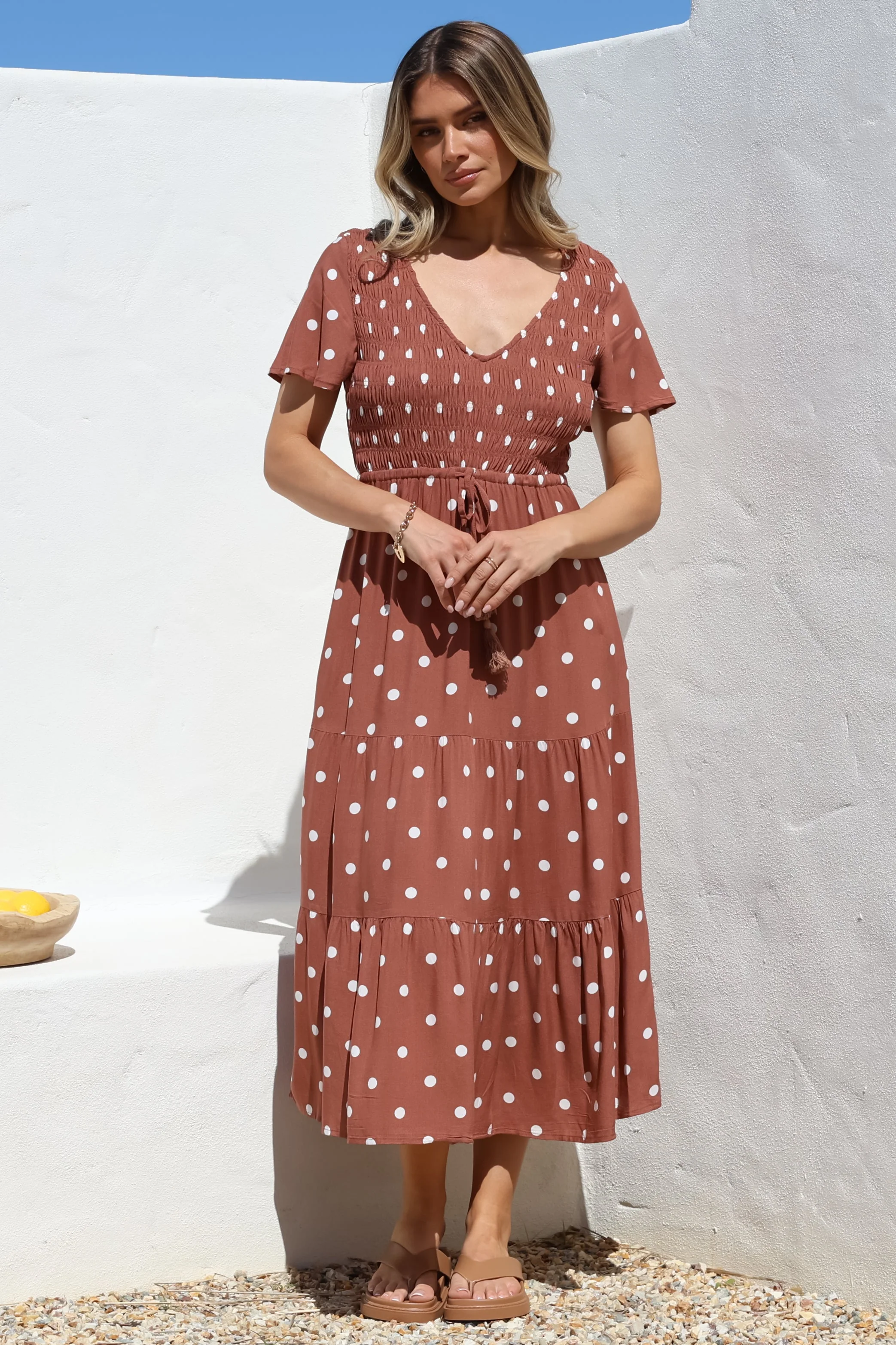 Amaya Midi Dress - Shirred Cap Sleeve A Line Dress in Parisian Polka Rust - Image 7