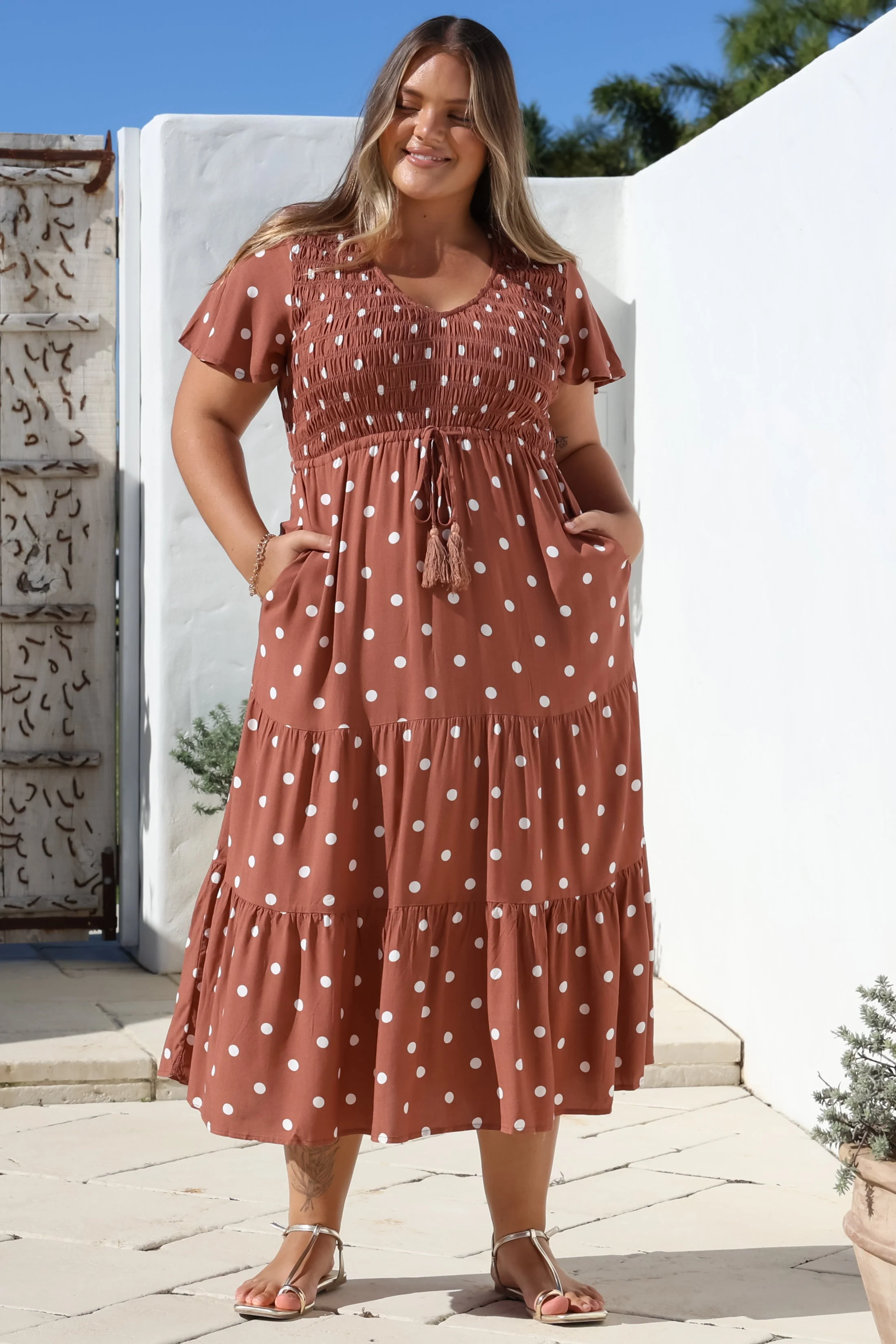 Amaya Midi Dress - Shirred Cap Sleeve A Line Dress in Parisian Polka Rust - Image 8