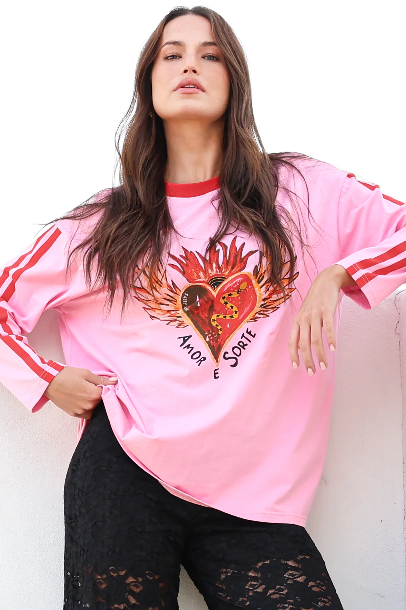 Amor E Sorte Long Sleeve Tee - Crew Neck Contrast Sport Stripe Graphic T-Shirt in Pink - Image 7