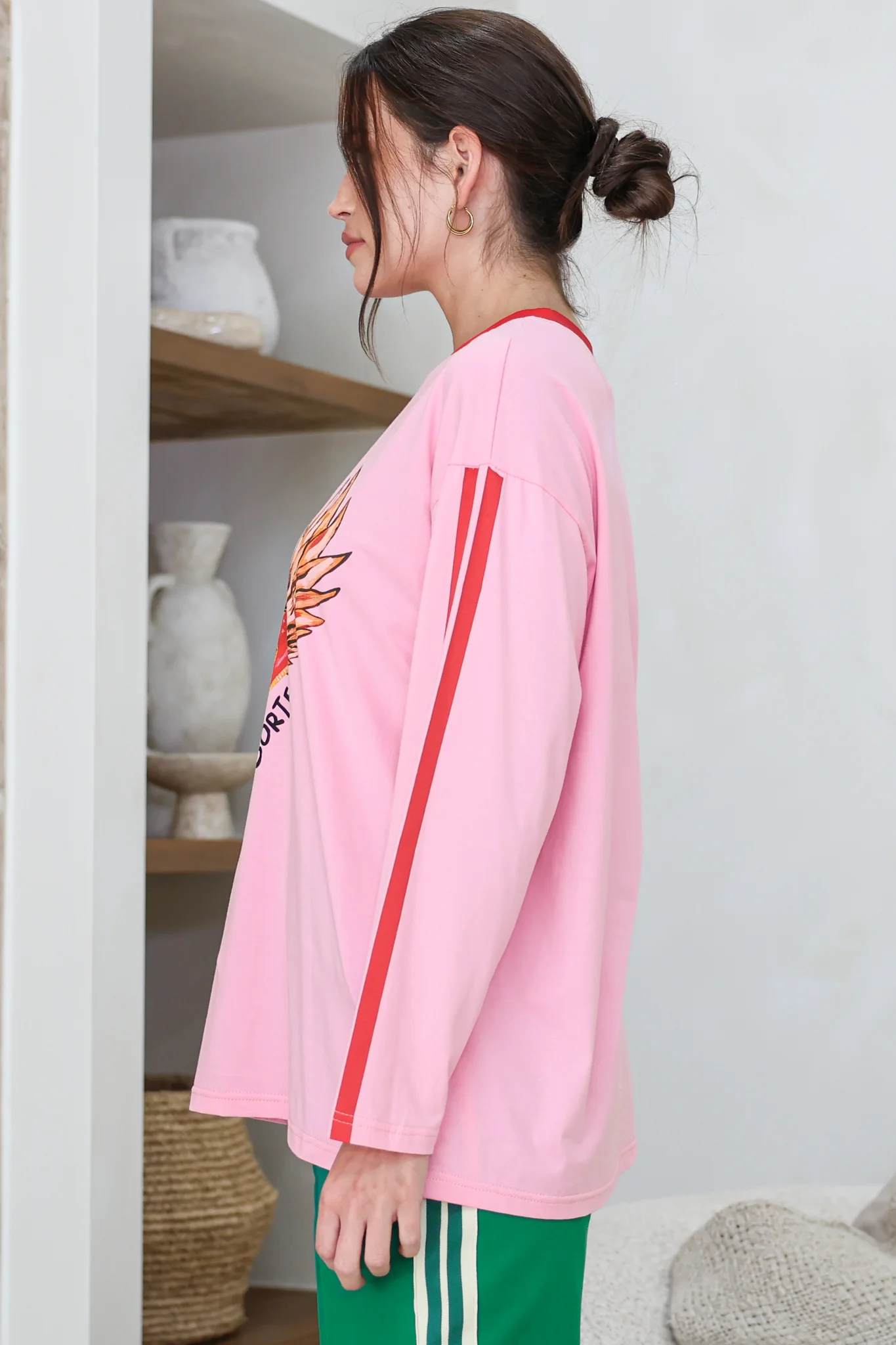 Amor E Sorte Long Sleeve Tee - Crew Neck Contrast Sport Stripe Graphic T-Shirt in Pink - Image 9