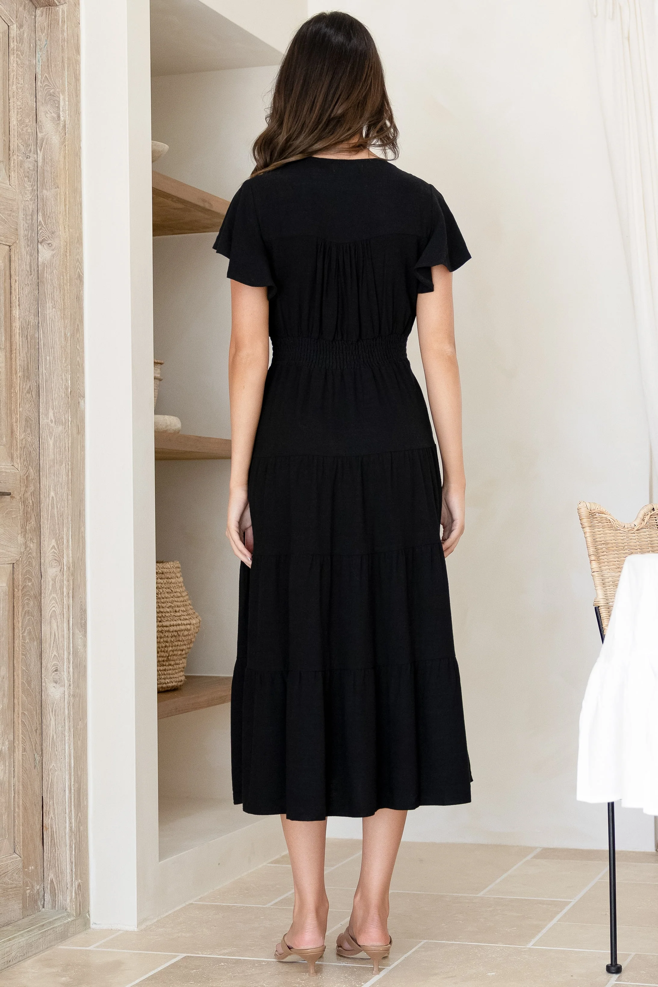 Amy Midi Dress - Flutter Cap Sleeve Buttoned Down V Neck Dress in Black - Image 11