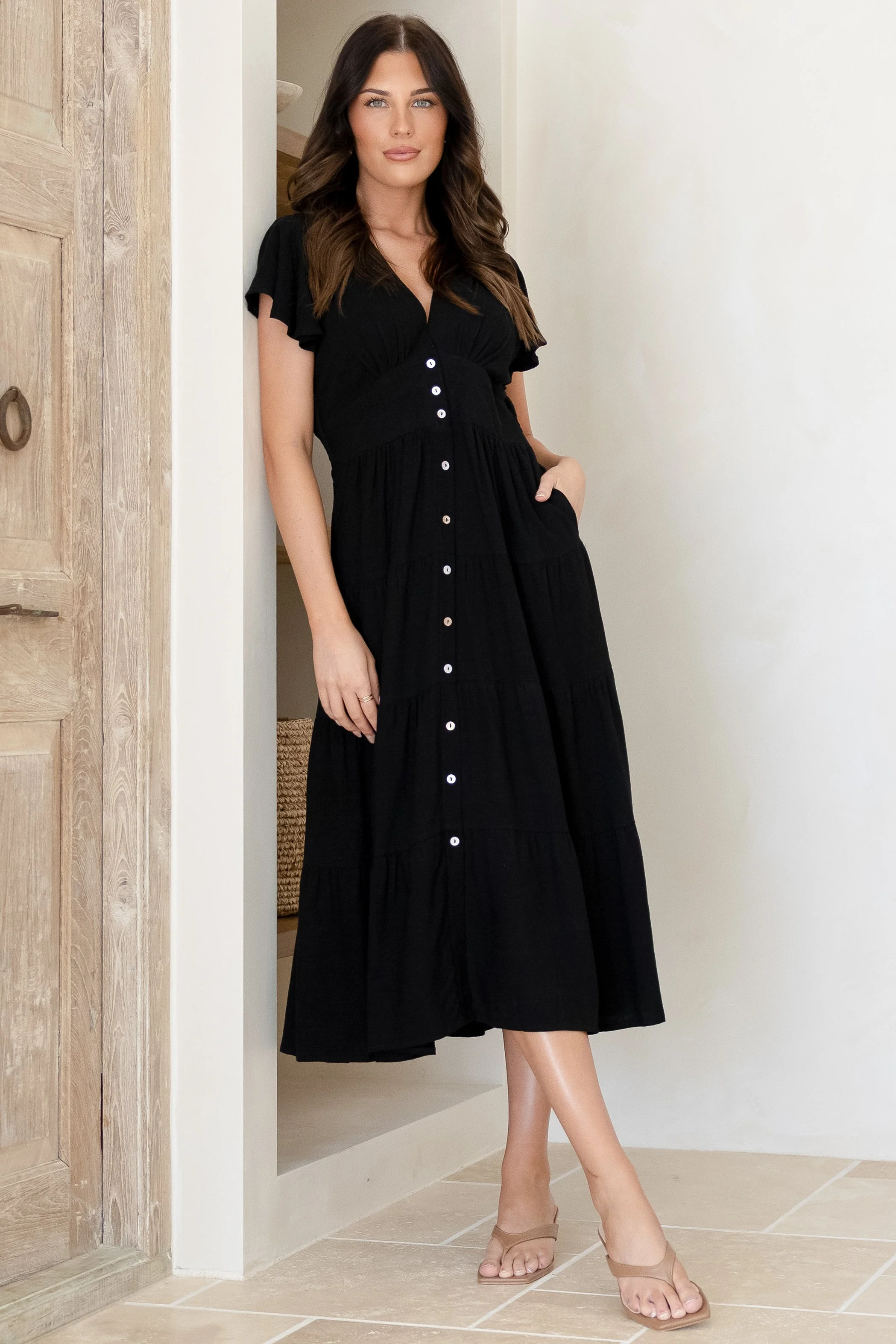 Amy Midi Dress - Flutter Cap Sleeve Buttoned Down V Neck Dress in Black - Image 3
