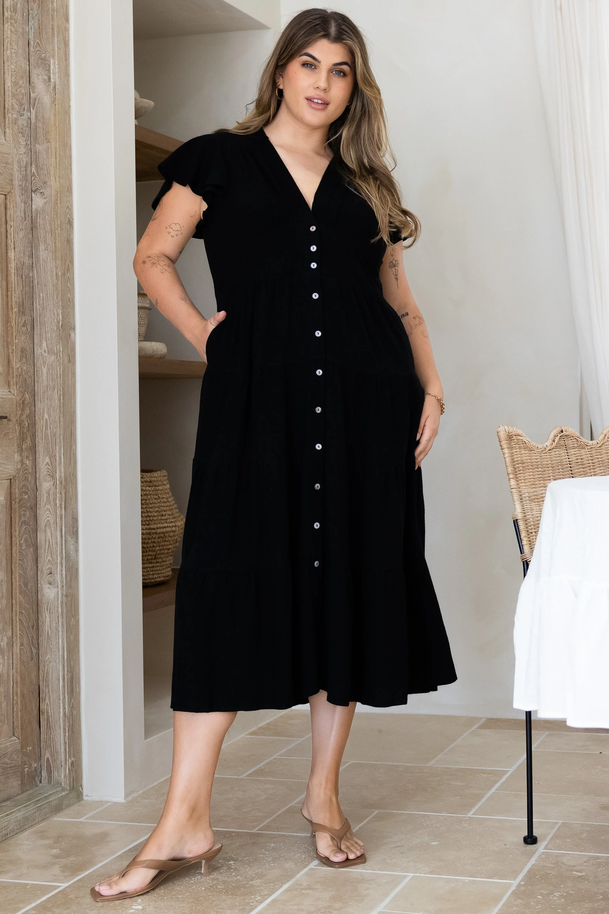 Amy Midi Dress - Flutter Cap Sleeve Buttoned Down V Neck Dress in Black - Image 4