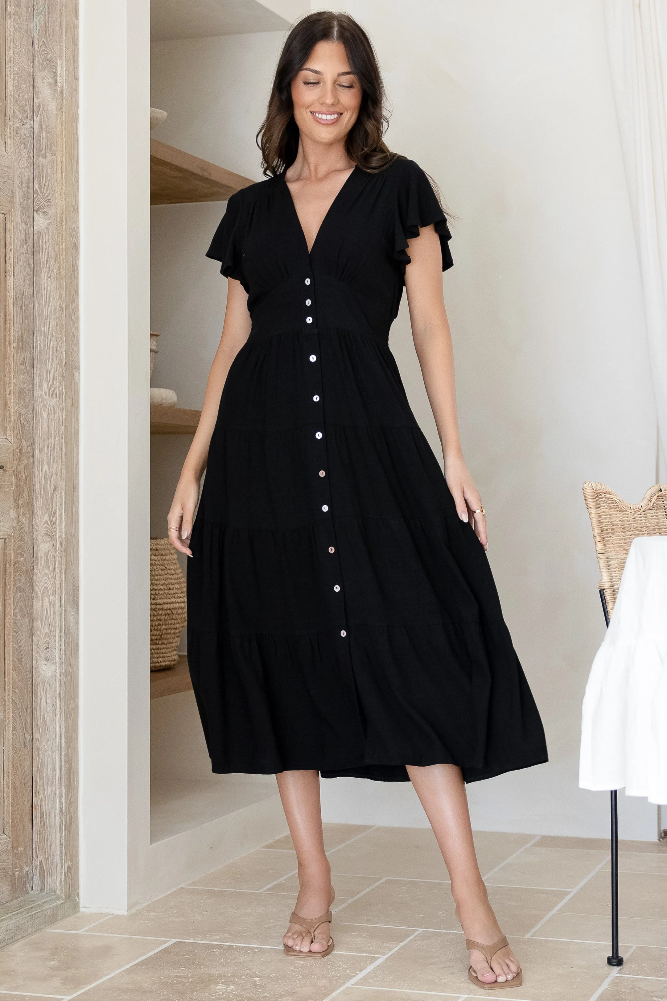 Amy Midi Dress - Flutter Cap Sleeve Buttoned Down V Neck Dress in Black - Image 5