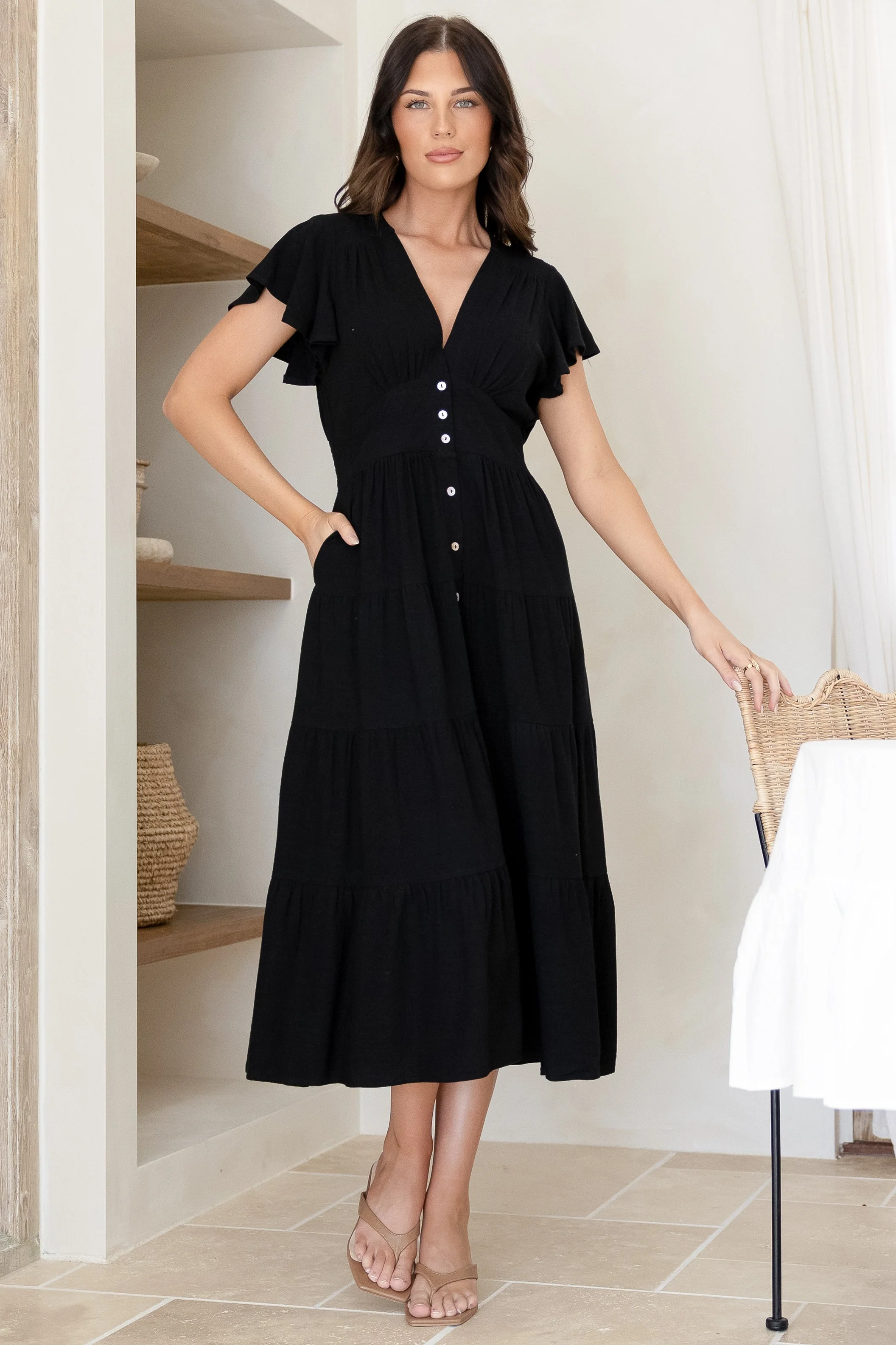 Amy Midi Dress - Flutter Cap Sleeve Buttoned Down V Neck Dress in Black - Image 6