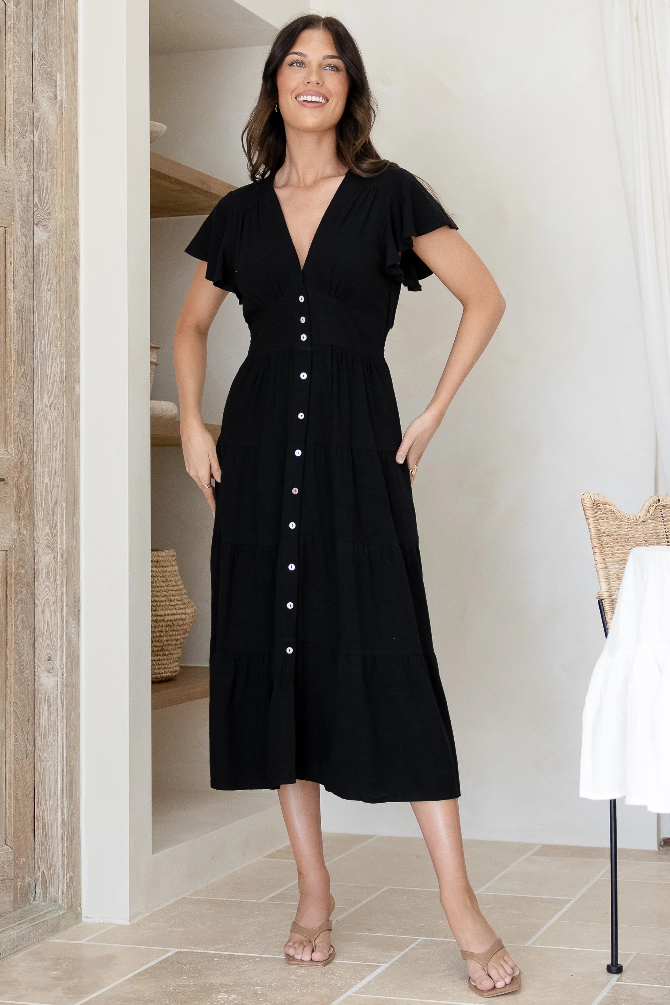 Amy Midi Dress - Flutter Cap Sleeve Buttoned Down V Neck Dress in Black - Image 8