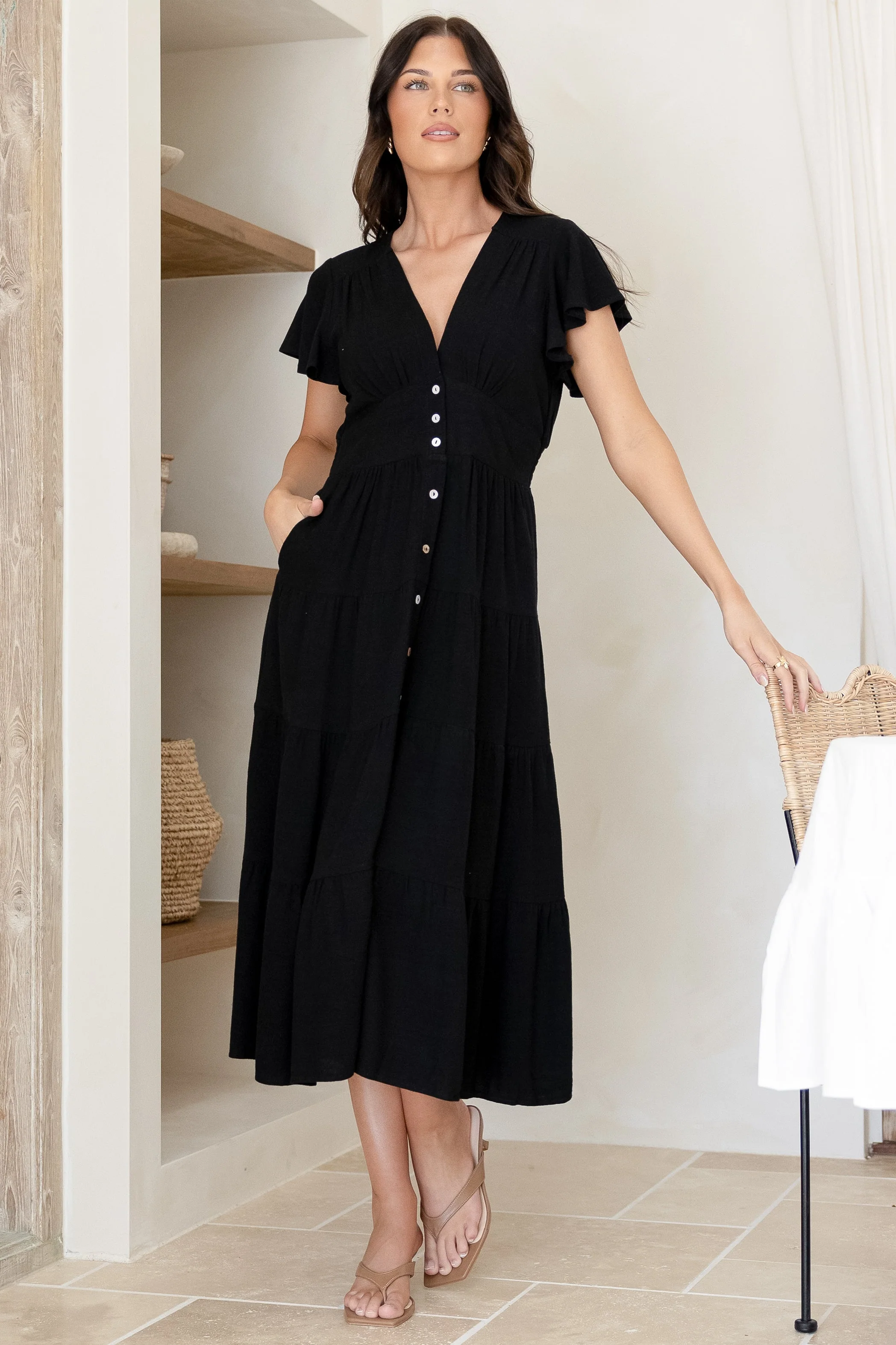 Amy Midi Dress - Flutter Cap Sleeve Buttoned Down V Neck Dress in Black - Image 9