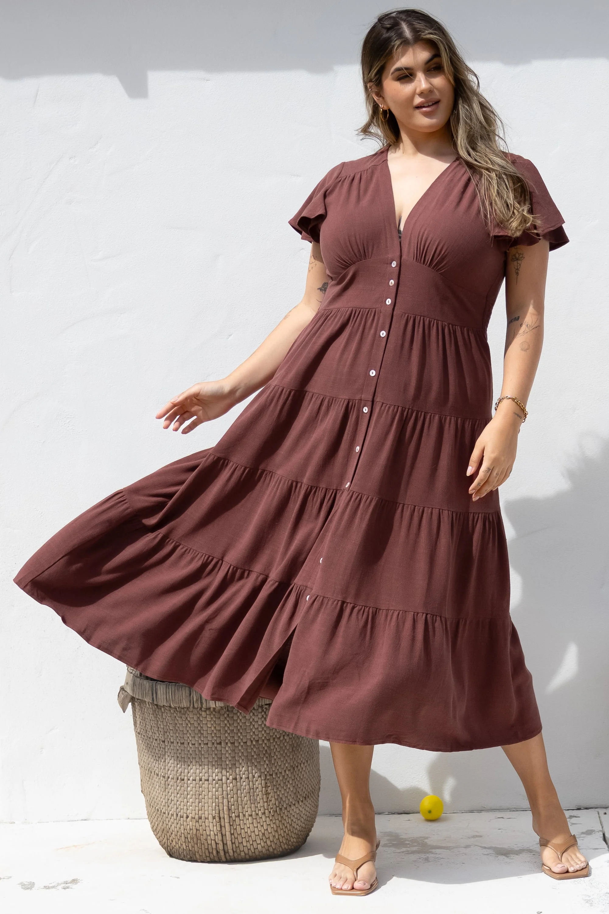 Amy Midi Dress - Flutter Cap Sleeve Buttoned Down V Neck Dress in Chocolate - Image 4