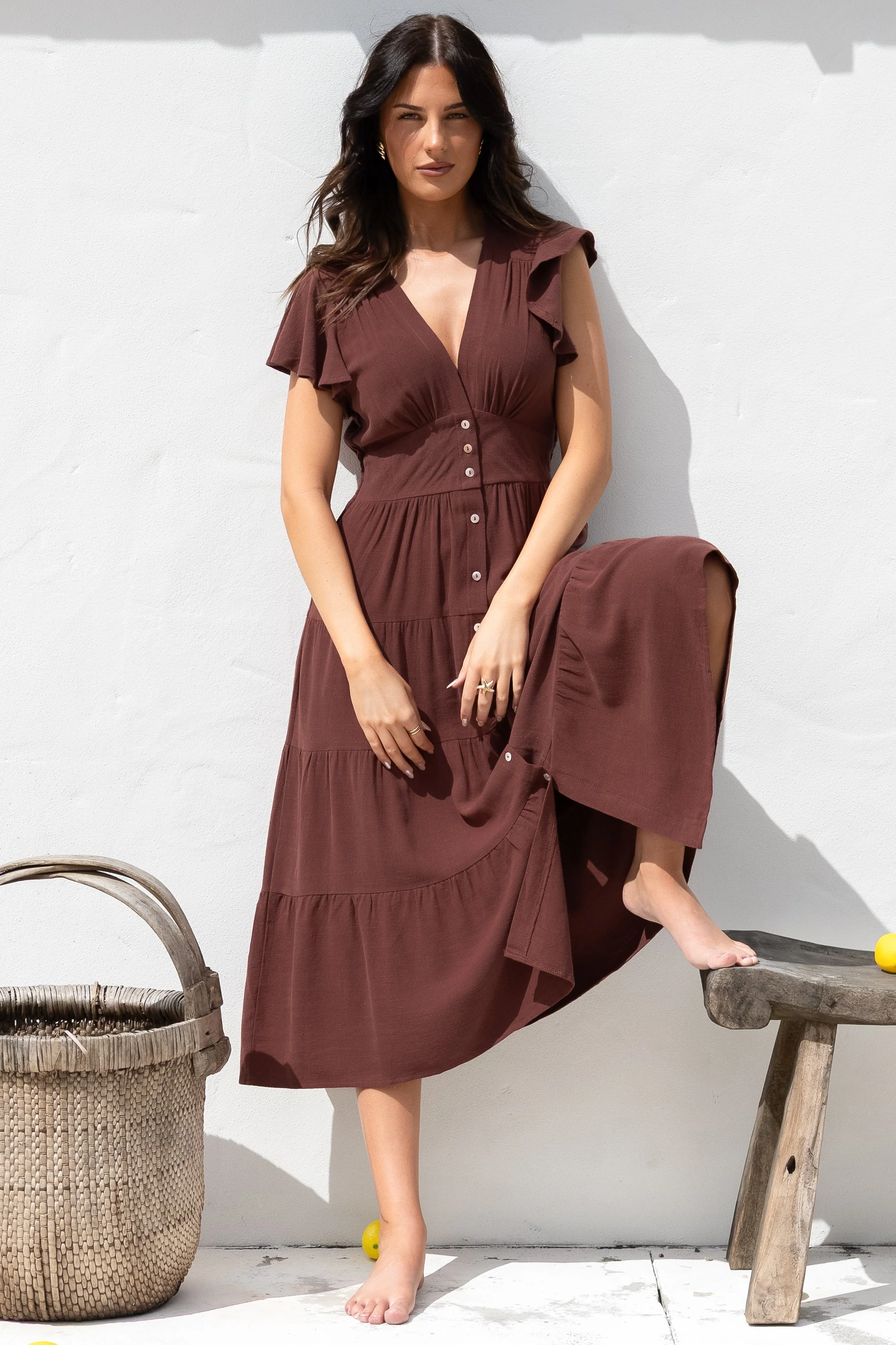 Amy Midi Dress - Flutter Cap Sleeve Buttoned Down V Neck Dress in Chocolate - Image 5