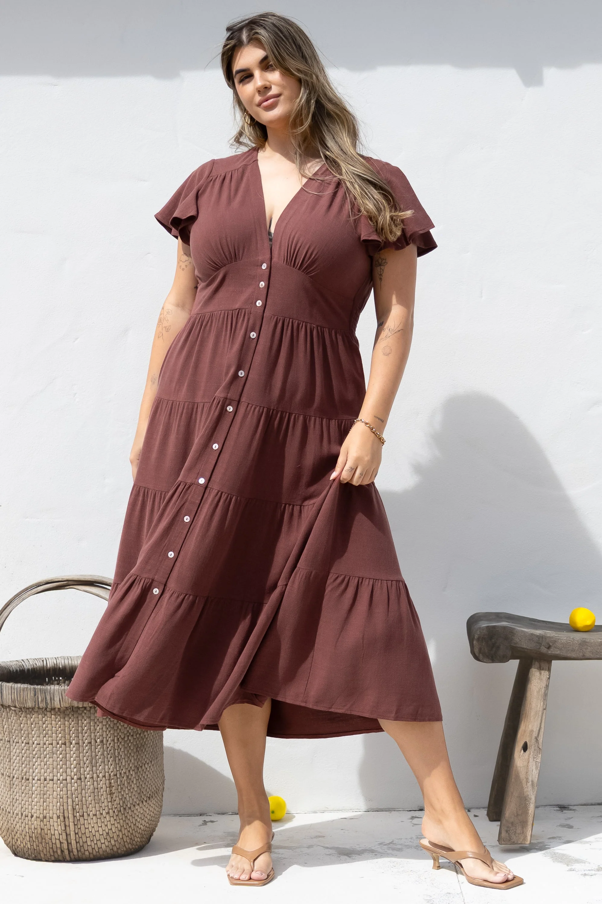 Amy Midi Dress - Flutter Cap Sleeve Buttoned Down V Neck Dress in Chocolate - Image 6