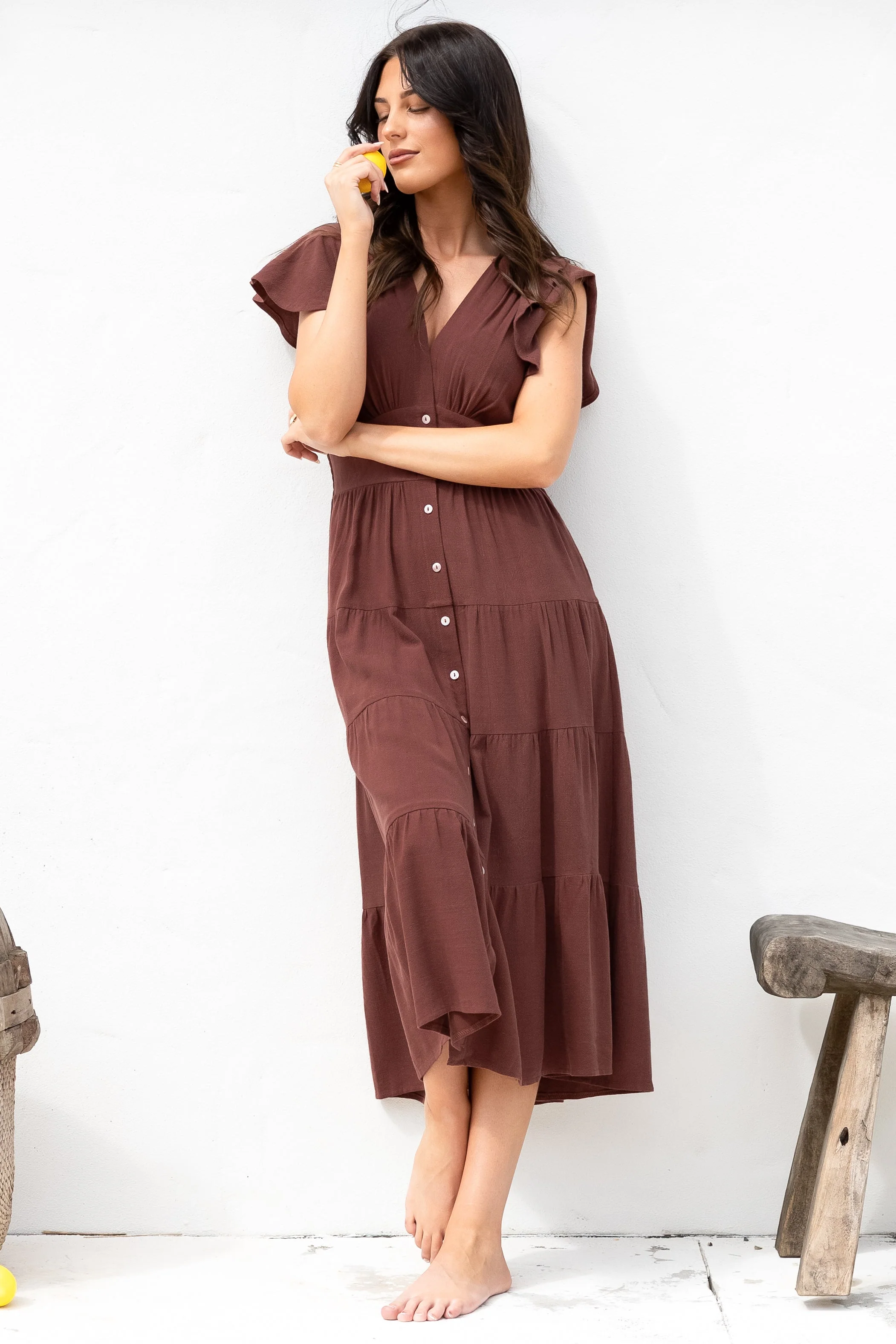 Amy Midi Dress - Flutter Cap Sleeve Buttoned Down V Neck Dress in Chocolate - Image 7