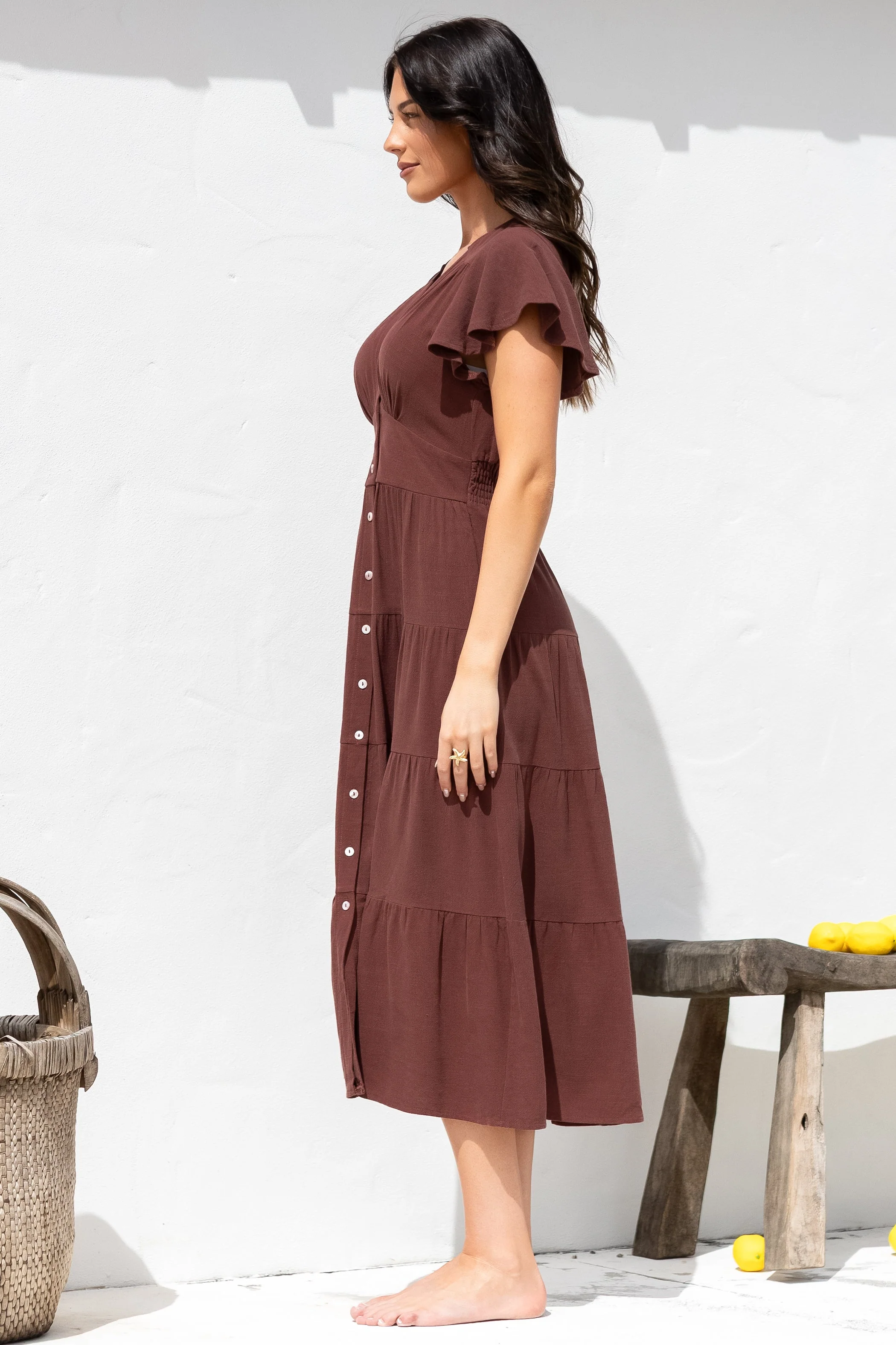 Amy Midi Dress - Flutter Cap Sleeve Buttoned Down V Neck Dress in Chocolate - Image 8