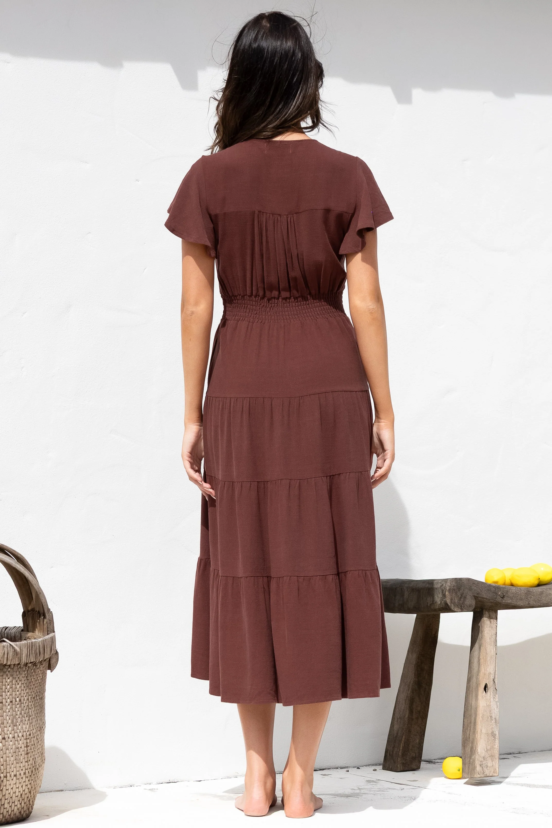 Amy Midi Dress - Flutter Cap Sleeve Buttoned Down V Neck Dress in Chocolate - Image 9