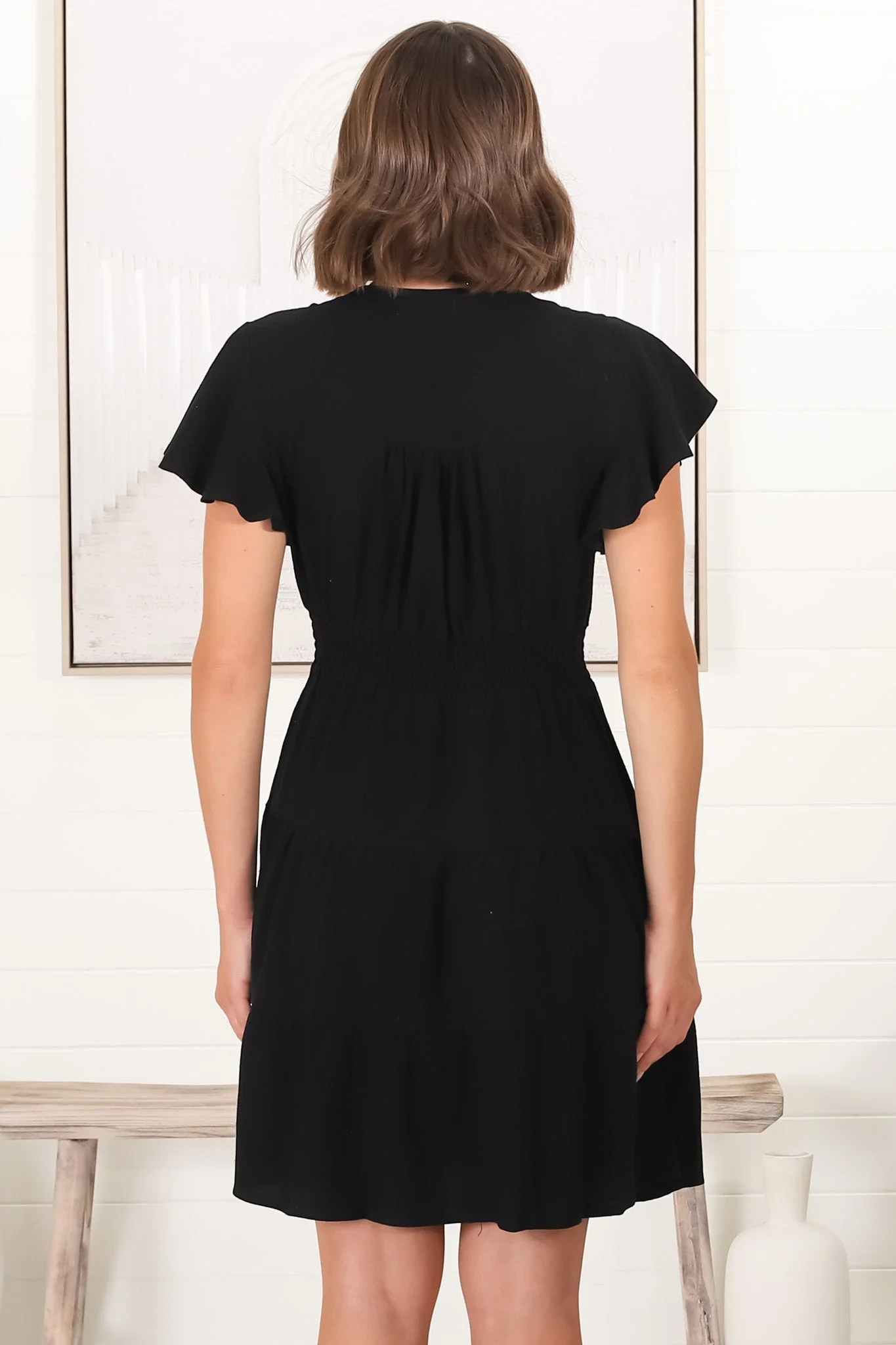 Amy Mini Dress - Frill Cap Sleeve Button Down V Neck Dress in Black - Image 10