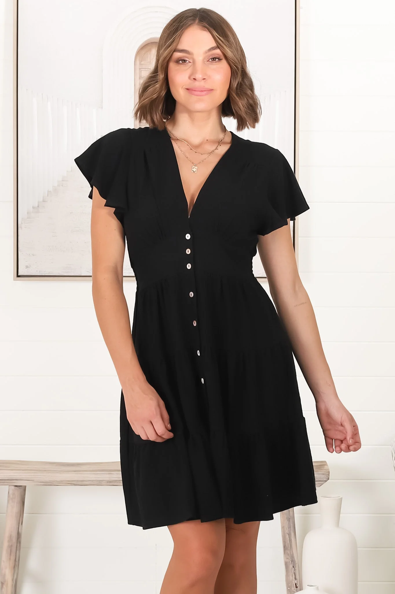 Amy Mini Dress - Frill Cap Sleeve Button Down V Neck Dress in Black - Image 2