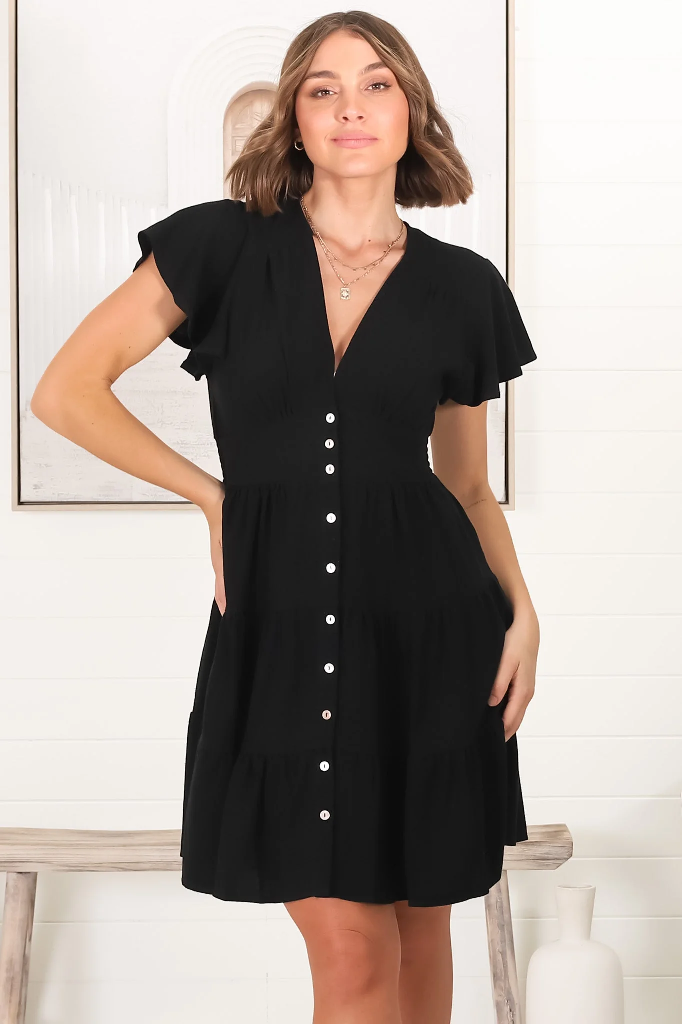 Amy Mini Dress - Frill Cap Sleeve Button Down V Neck Dress in Black - Image 4