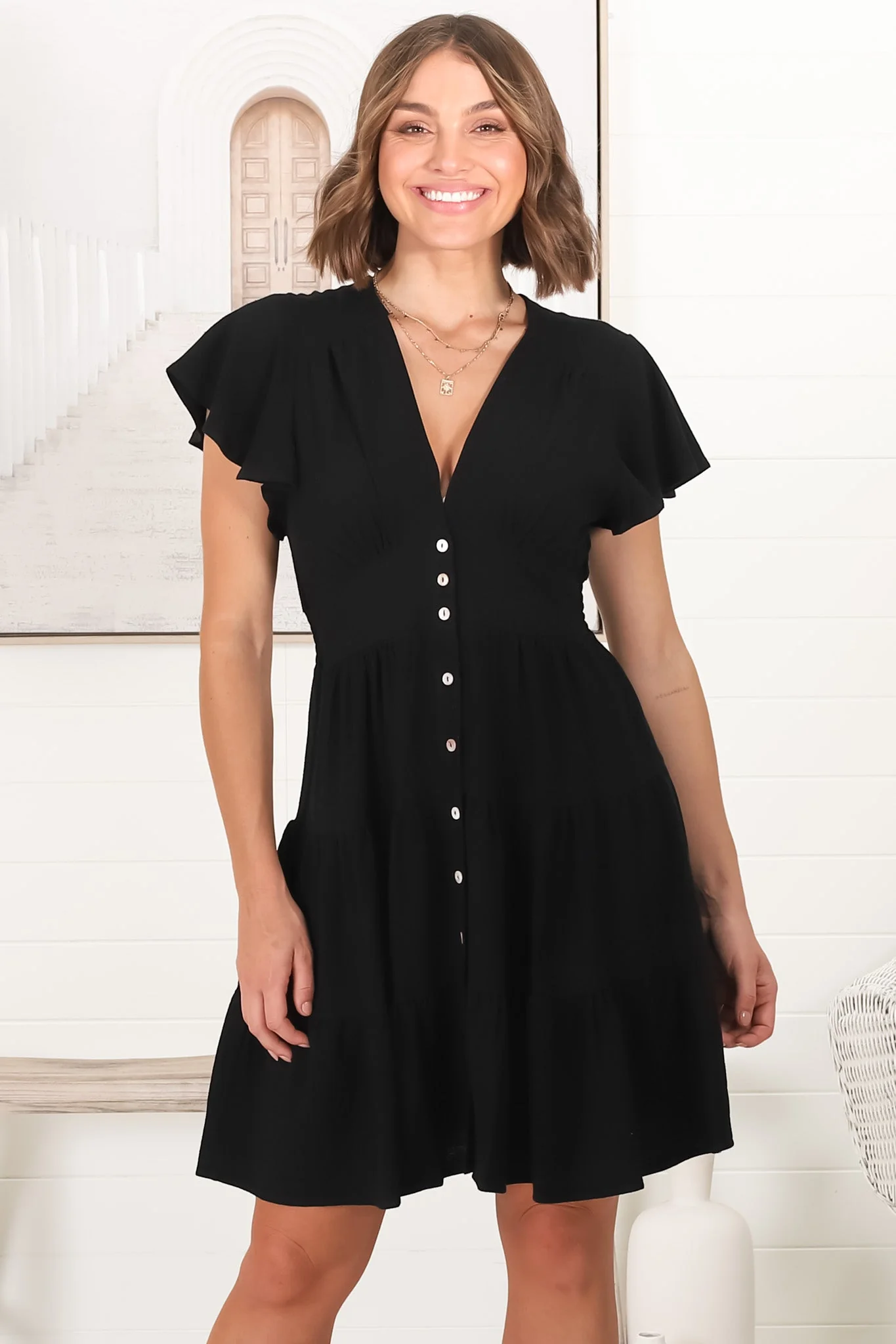 Amy Mini Dress - Frill Cap Sleeve Button Down V Neck Dress in Black - Image 8
