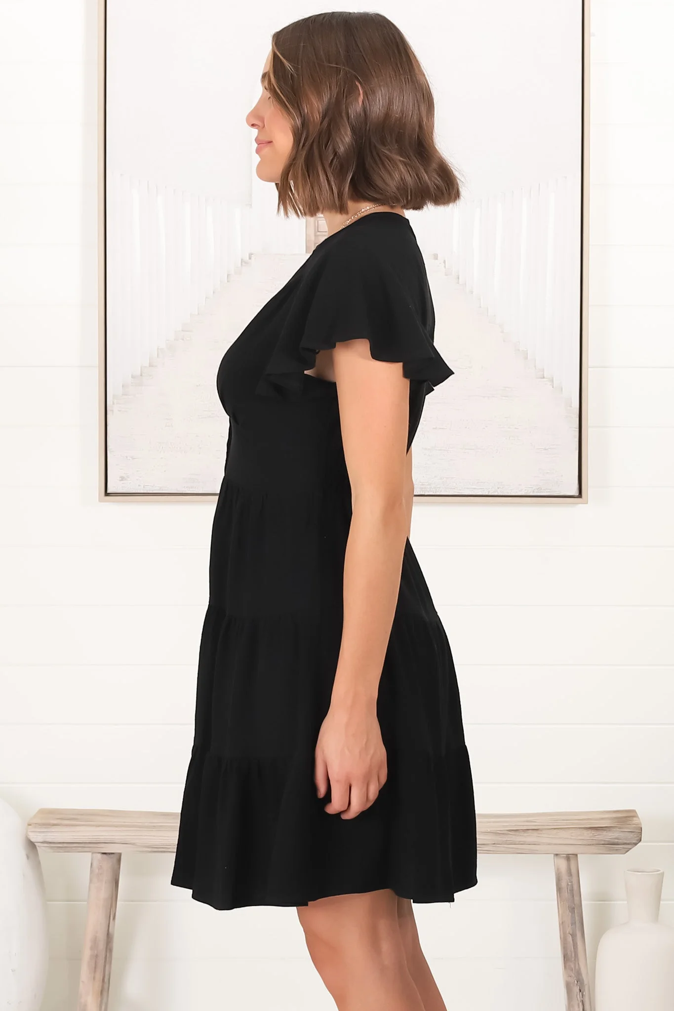Amy Mini Dress - Frill Cap Sleeve Button Down V Neck Dress in Black - Image 9