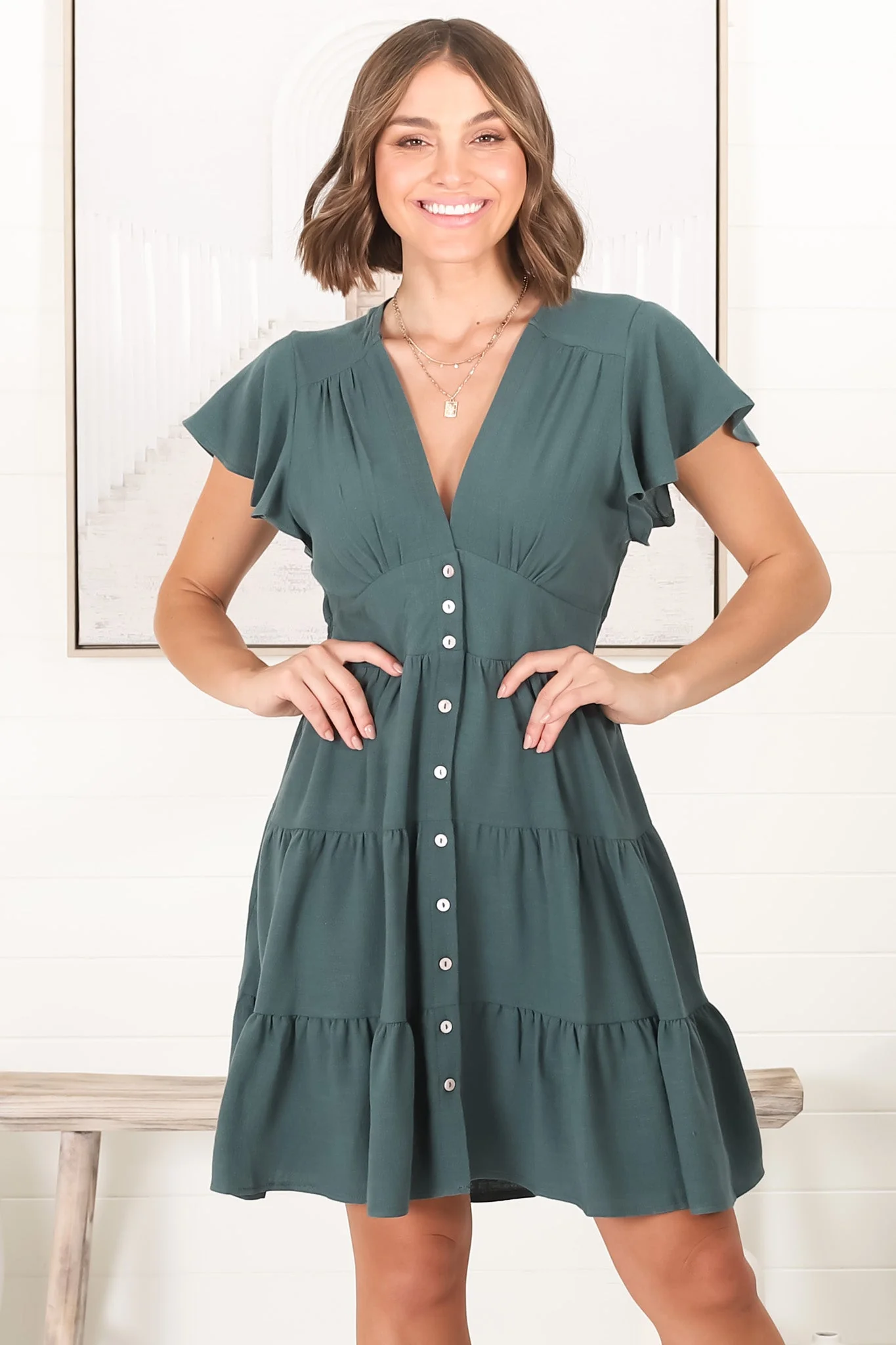 Amy Mini Dress - Frill Cap Sleeve Button Down V Neck Dress in Emerald - Image 11