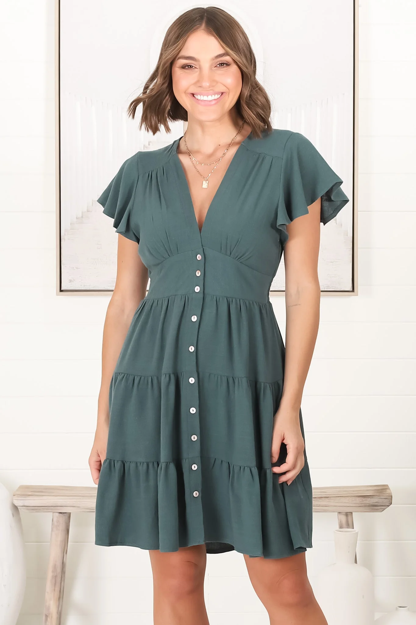 Amy Mini Dress - Frill Cap Sleeve Button Down V Neck Dress in Emerald - Image 13