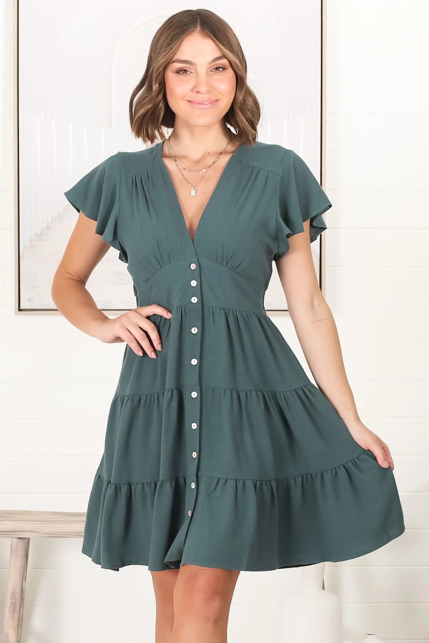 Amy Mini Dress - Frill Cap Sleeve Button Down V Neck Dress in Emerald - Image 14