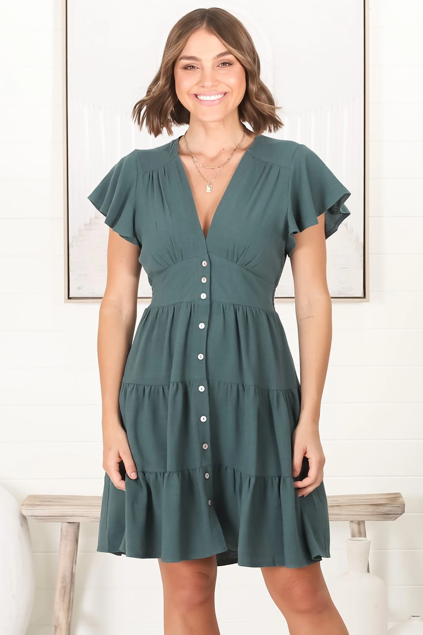 Amy Mini Dress - Frill Cap Sleeve Button Down V Neck Dress in Emerald - Image 15