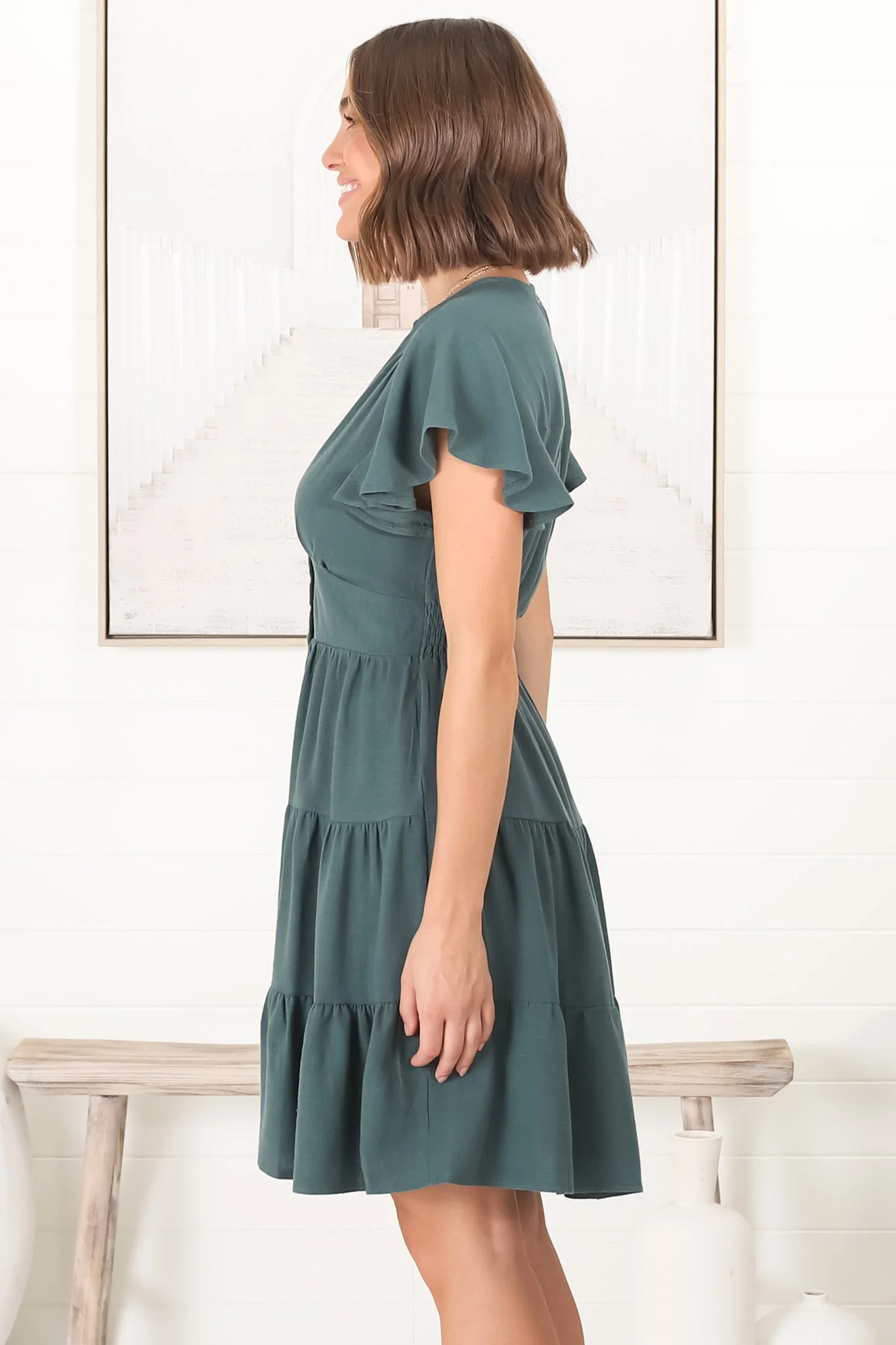Amy Mini Dress - Frill Cap Sleeve Button Down V Neck Dress in Emerald - Image 16