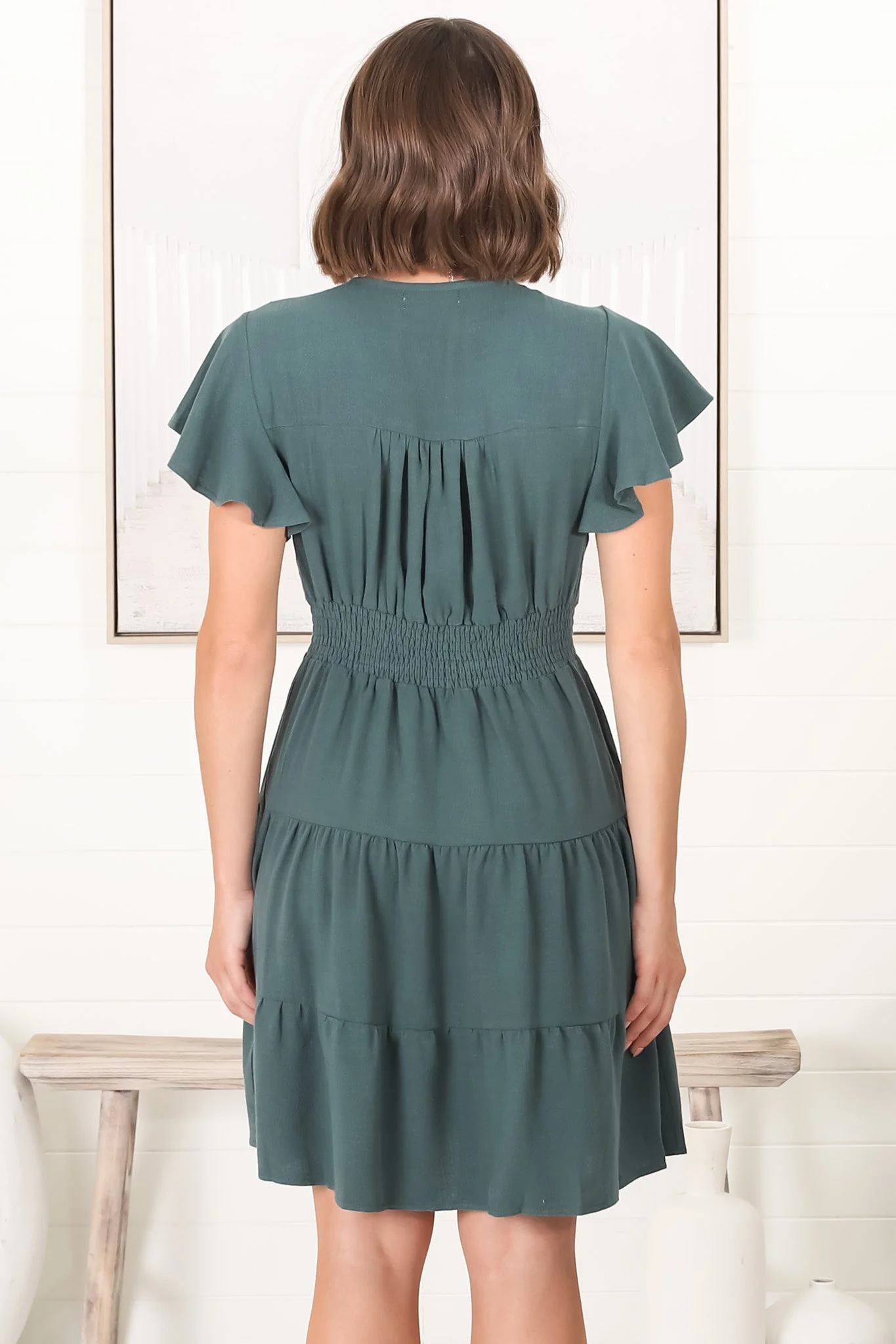 Amy Mini Dress - Frill Cap Sleeve Button Down V Neck Dress in Emerald - Image 17