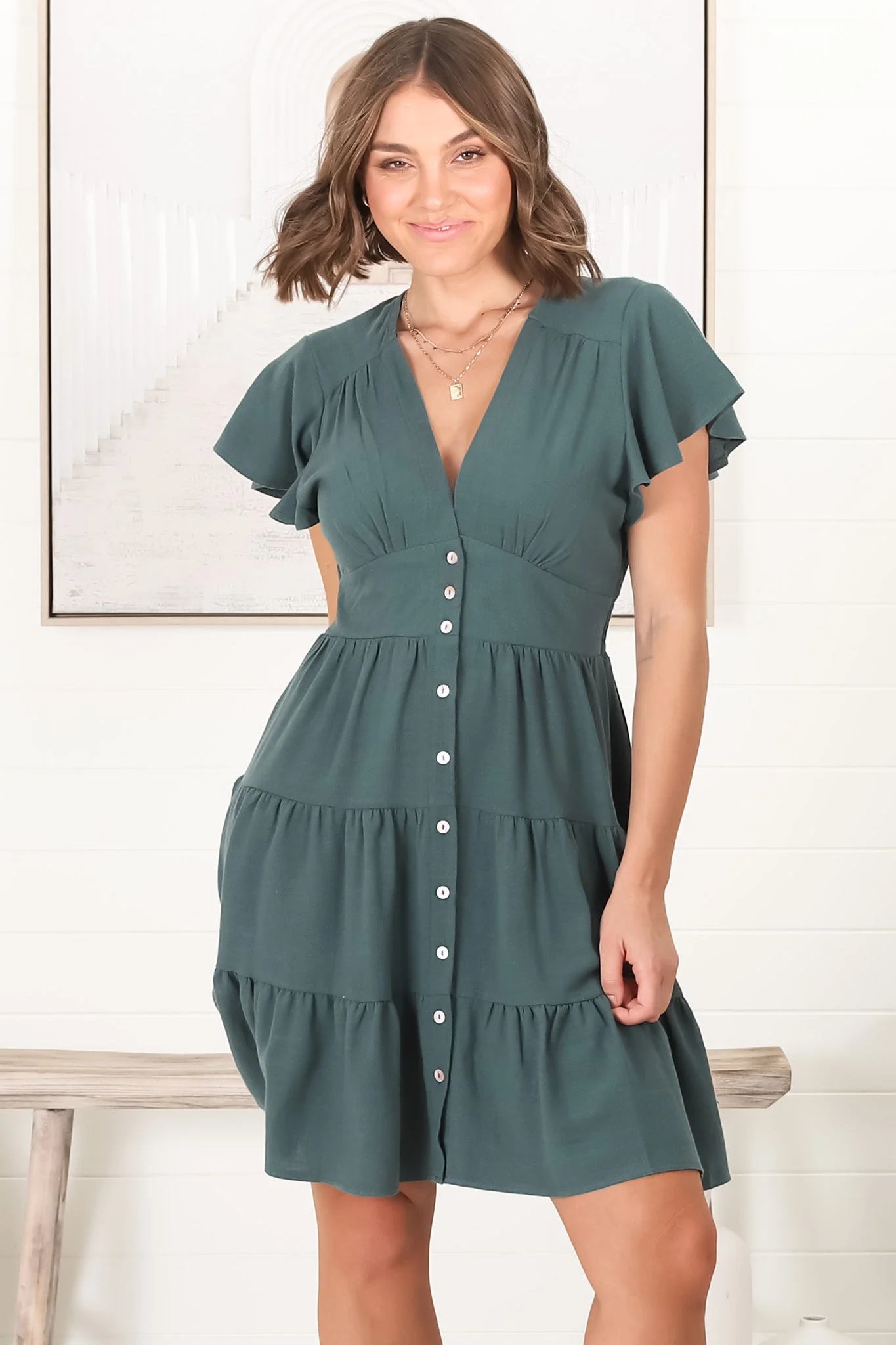 Amy Mini Dress - Frill Cap Sleeve Button Down V Neck Dress in Emerald - Image 3