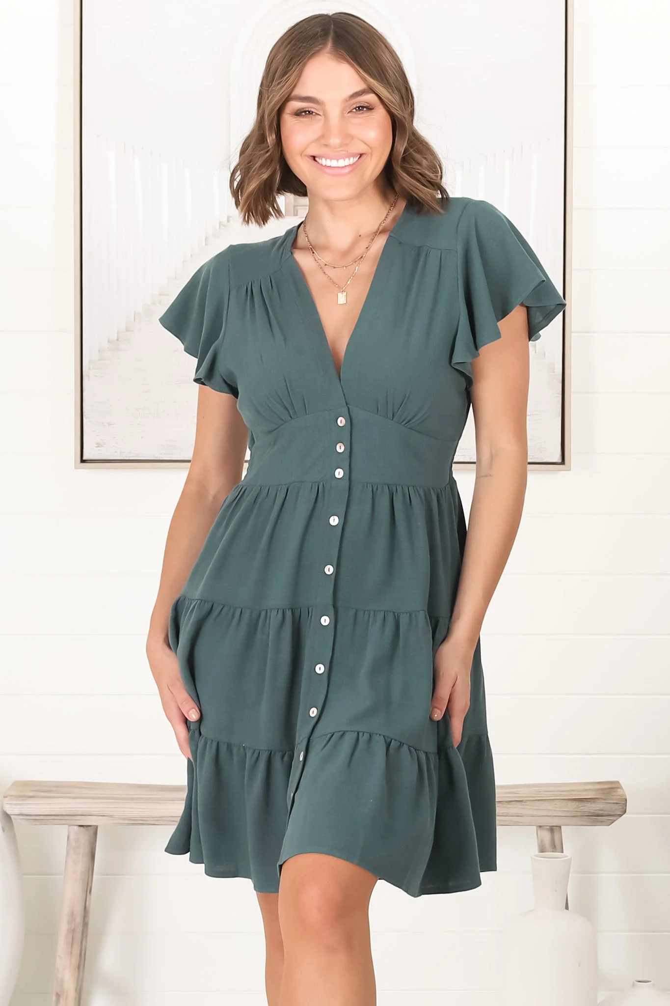 Amy Mini Dress - Frill Cap Sleeve Button Down V Neck Dress in Emerald - Image 5