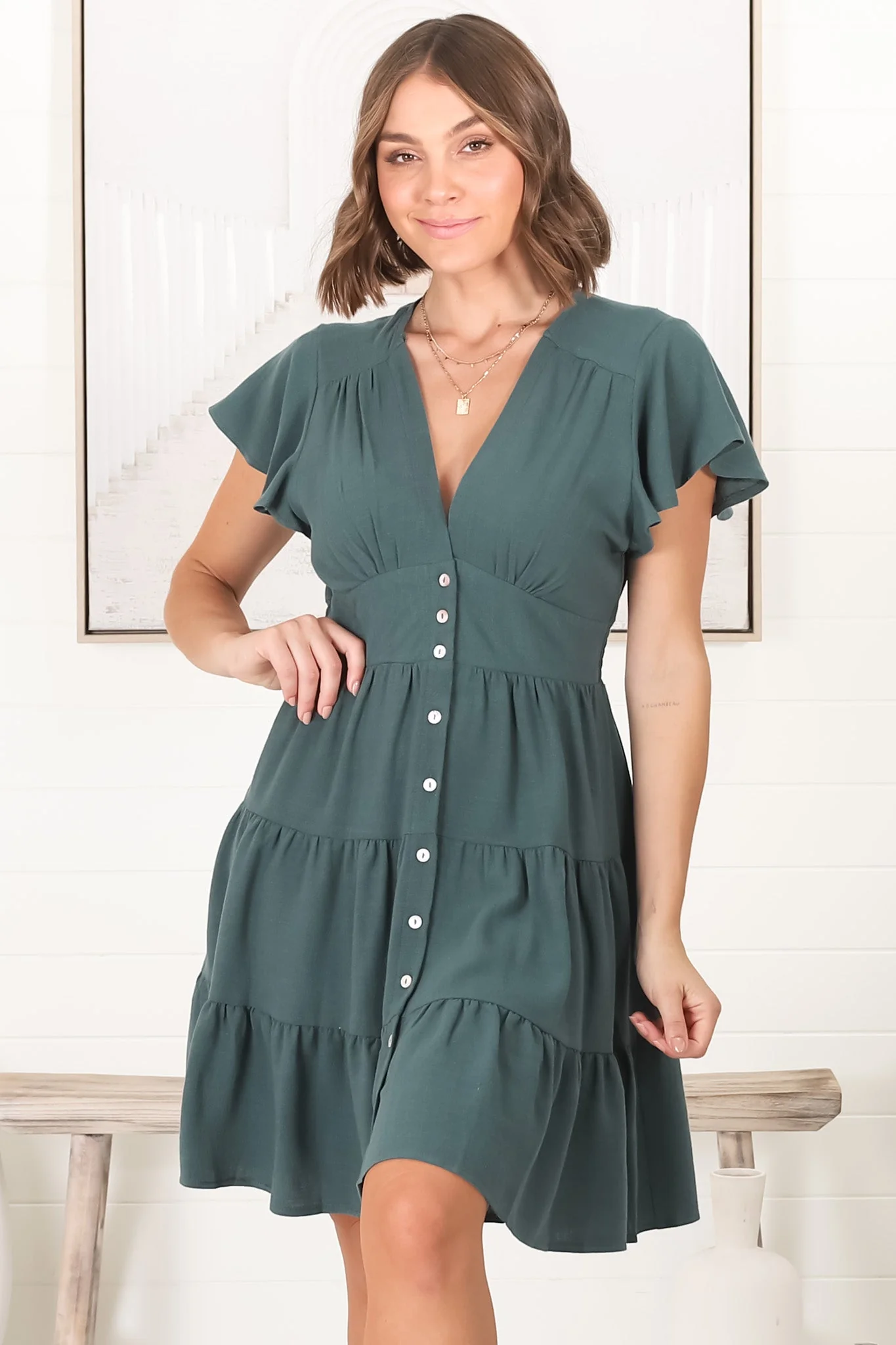 Amy Mini Dress - Frill Cap Sleeve Button Down V Neck Dress in Emerald - Image 7