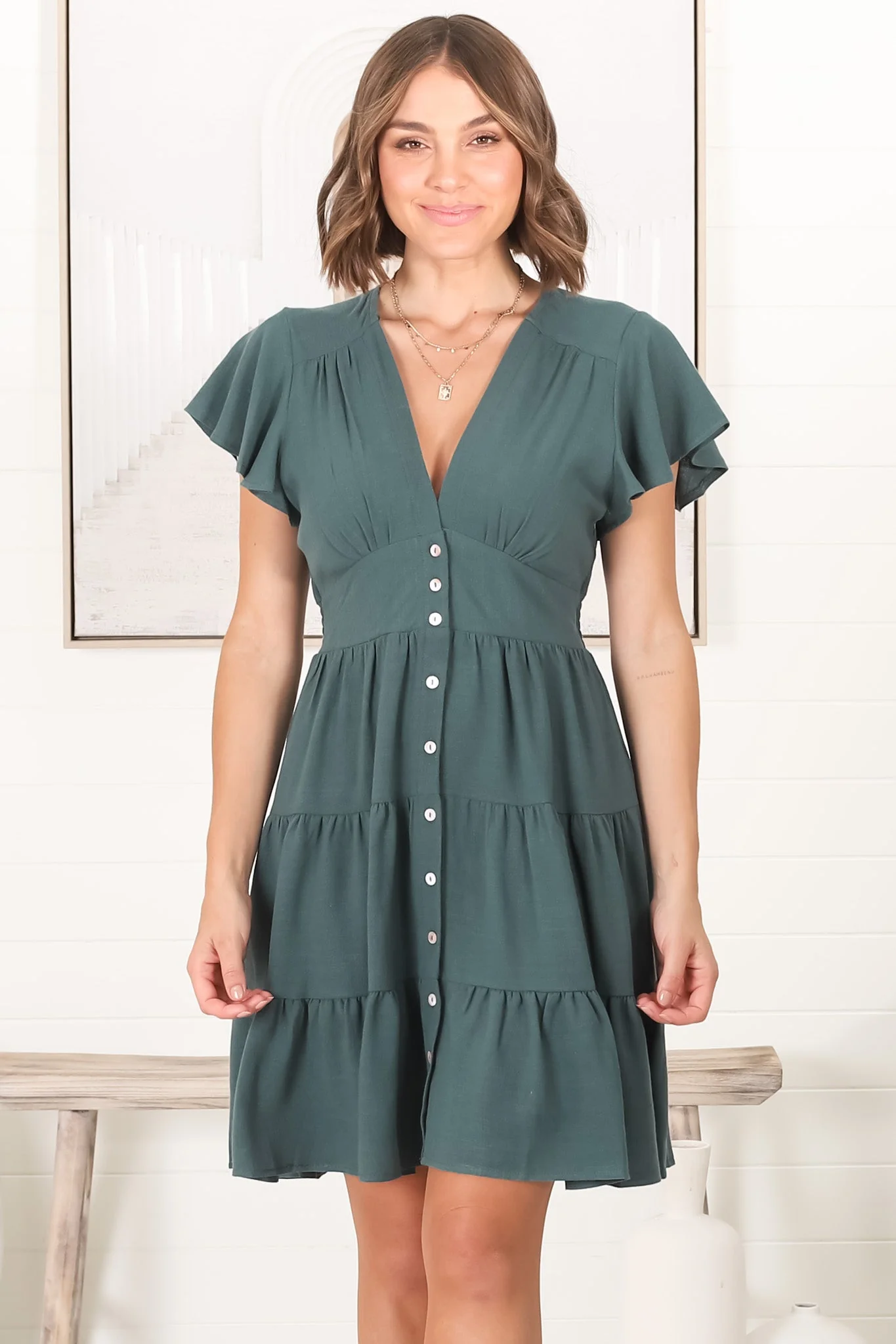 Amy Mini Dress - Frill Cap Sleeve Button Down V Neck Dress in Emerald - Image 9
