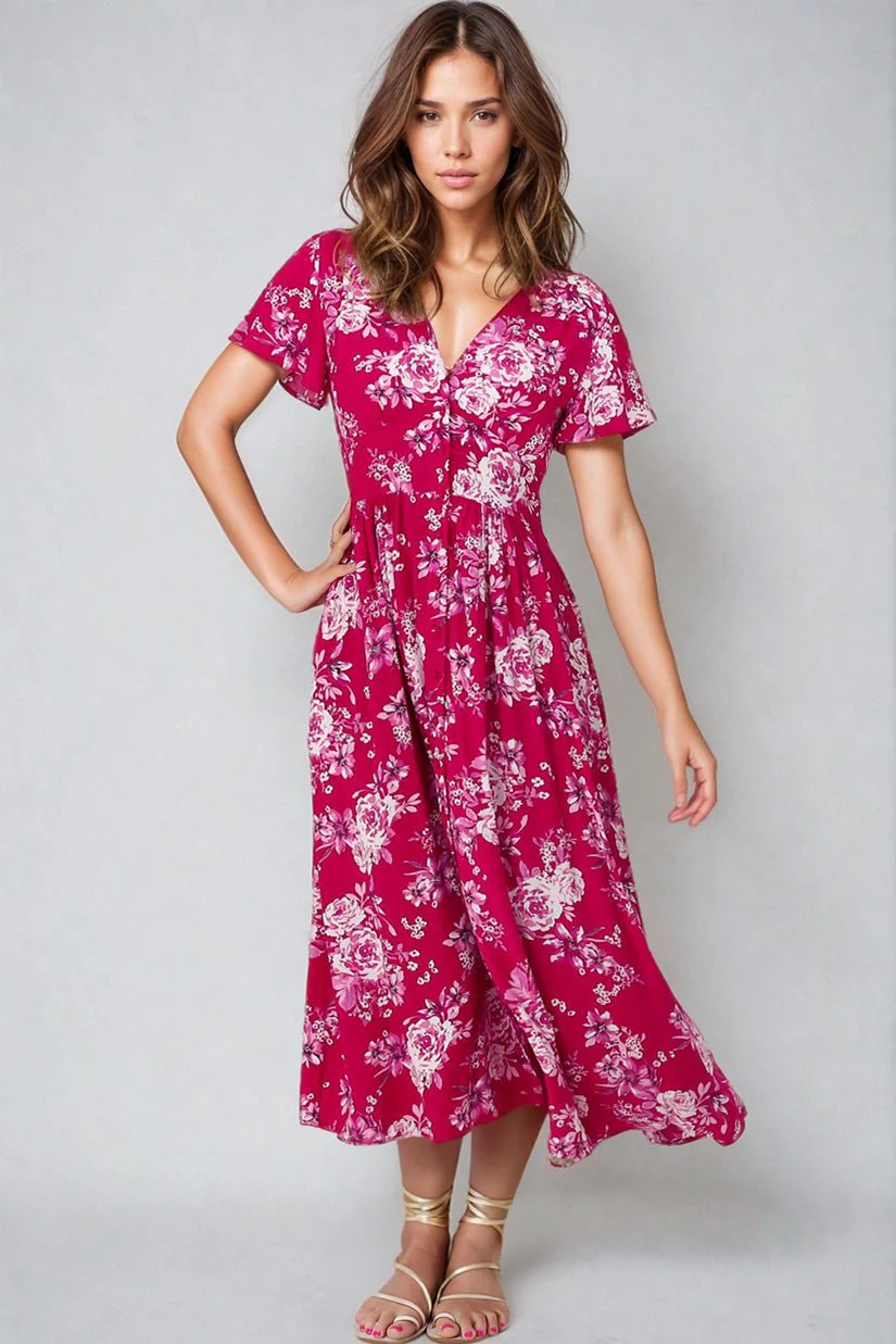 Anais Midi Dress - Cap Flutter Sleeve Button Down A Line Dress in Kimberly Print - Image 4
