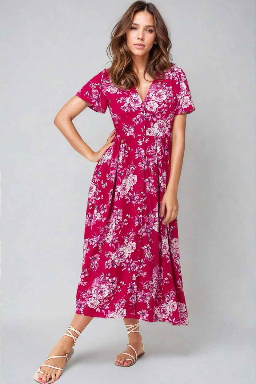 Anais Midi Dress - Cap Flutter Sleeve Button Down A Line Dress in Kimberly Print - Image 5
