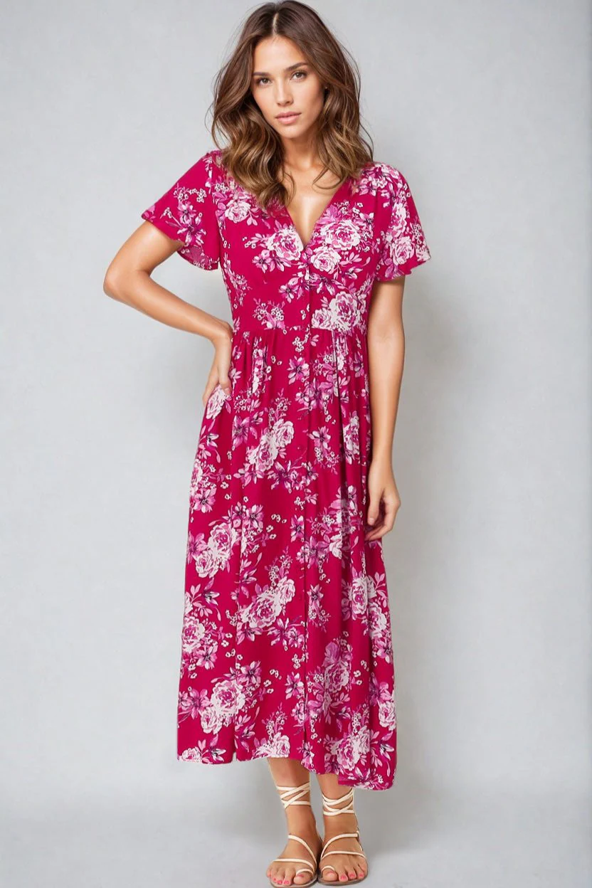 Anais Midi Dress - Cap Flutter Sleeve Button Down A Line Dress in Kimberly Print - Image 7