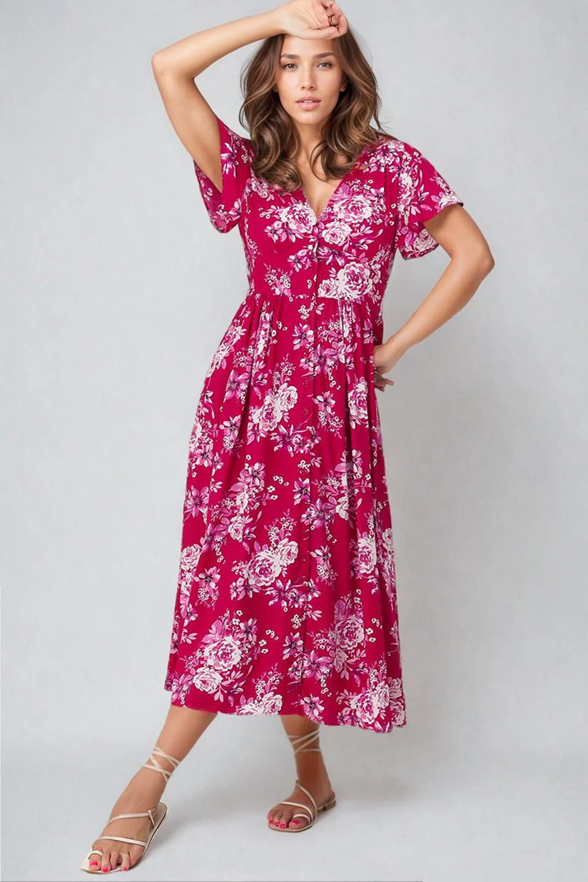 Anais Midi Dress - Cap Flutter Sleeve Button Down A Line Dress in Kimberly Print - Image 8