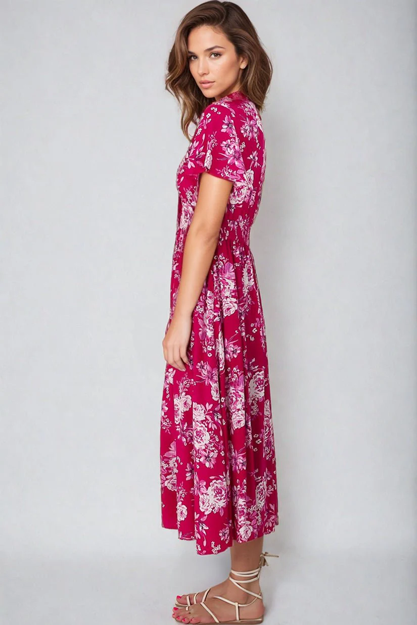 Anais Midi Dress - Cap Flutter Sleeve Button Down A Line Dress in Kimberly Print - Image 9