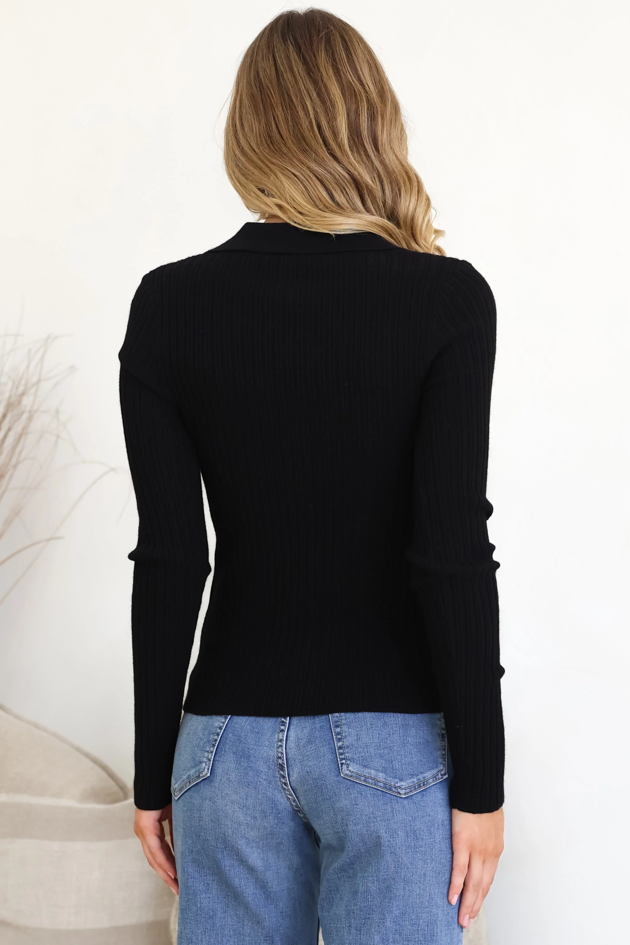 Andee Knit Top - Wing Collar V-Neck Ribbed Long Sleeve Top in Black - Image 9
