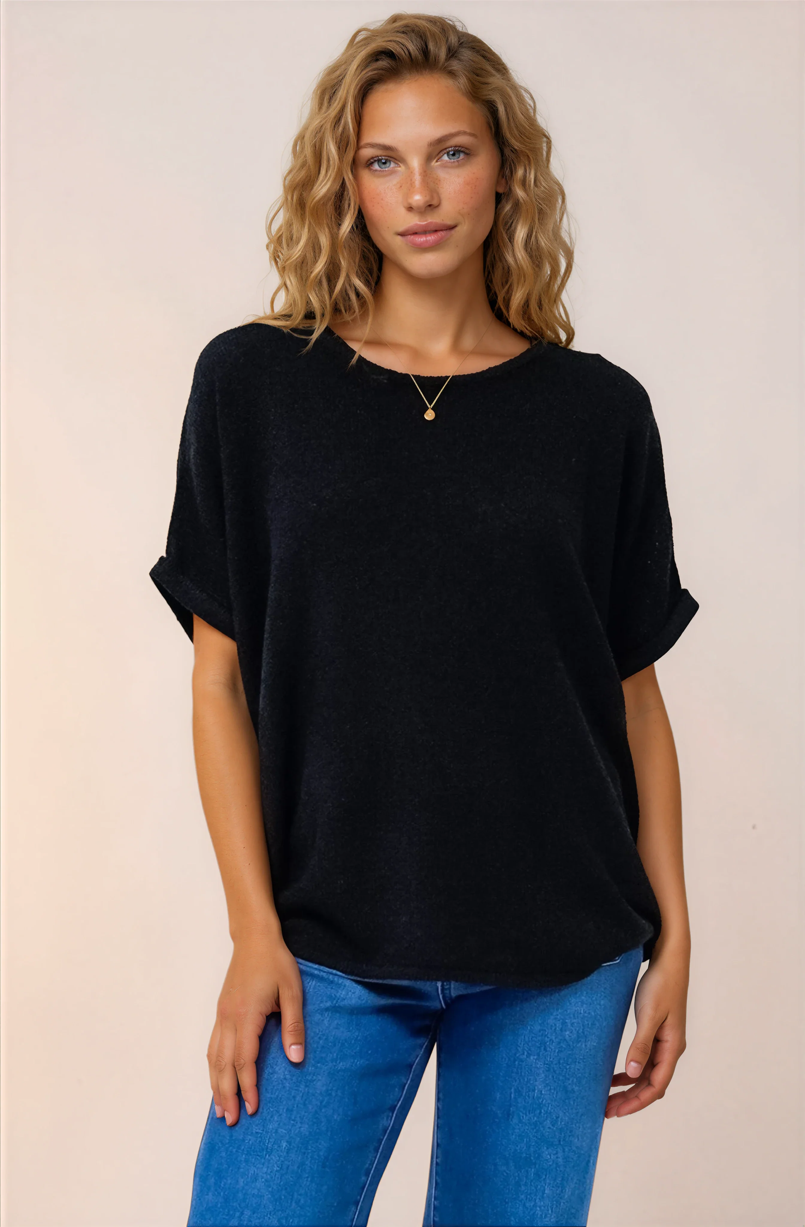 Andre Top - Crew Neck Slouchy Knit Top with Cuffed Short Sleeves in Black - Image 2