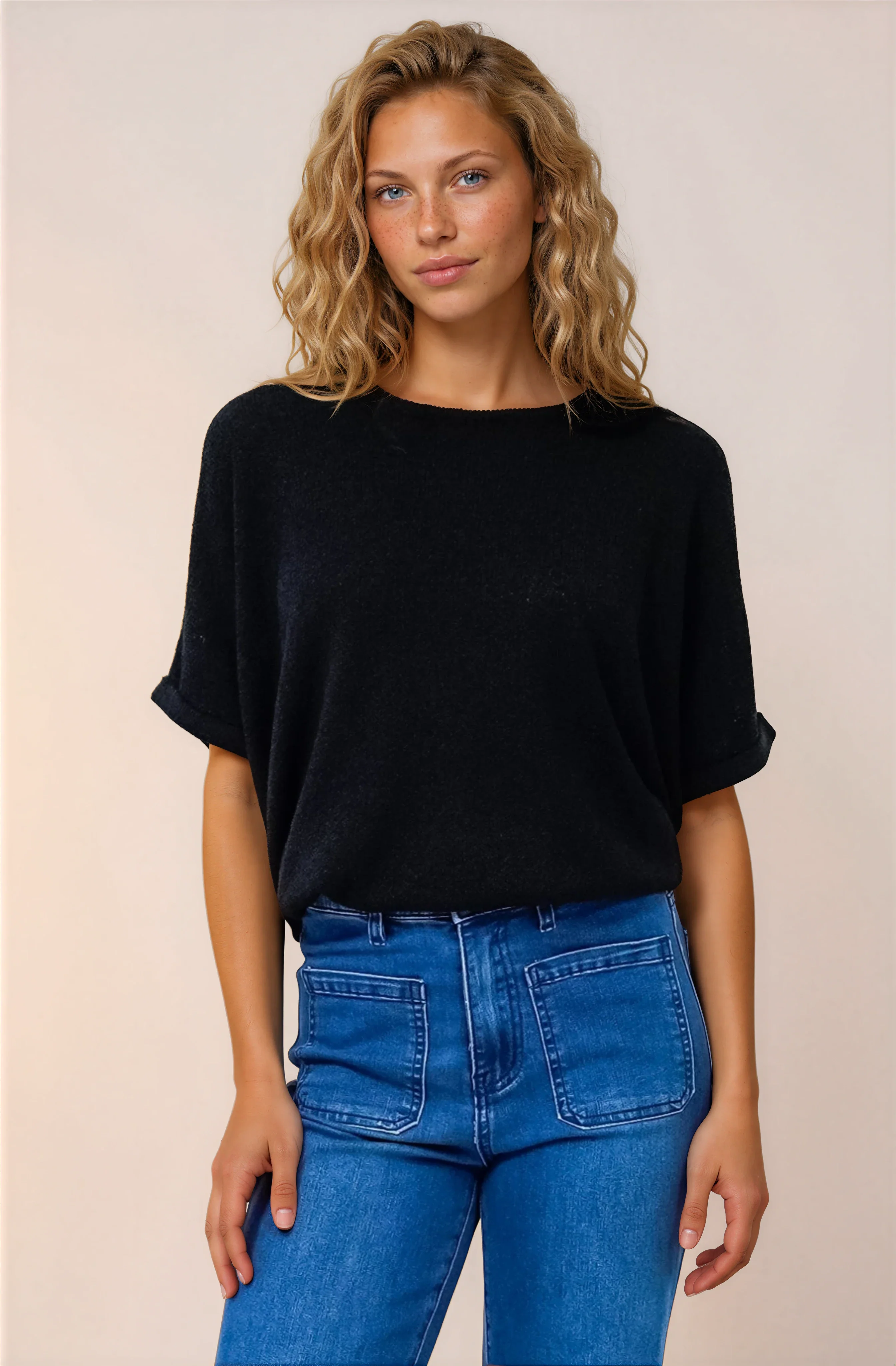 Andre Top - Crew Neck Slouchy Knit Top with Cuffed Short Sleeves in Black - Image 3