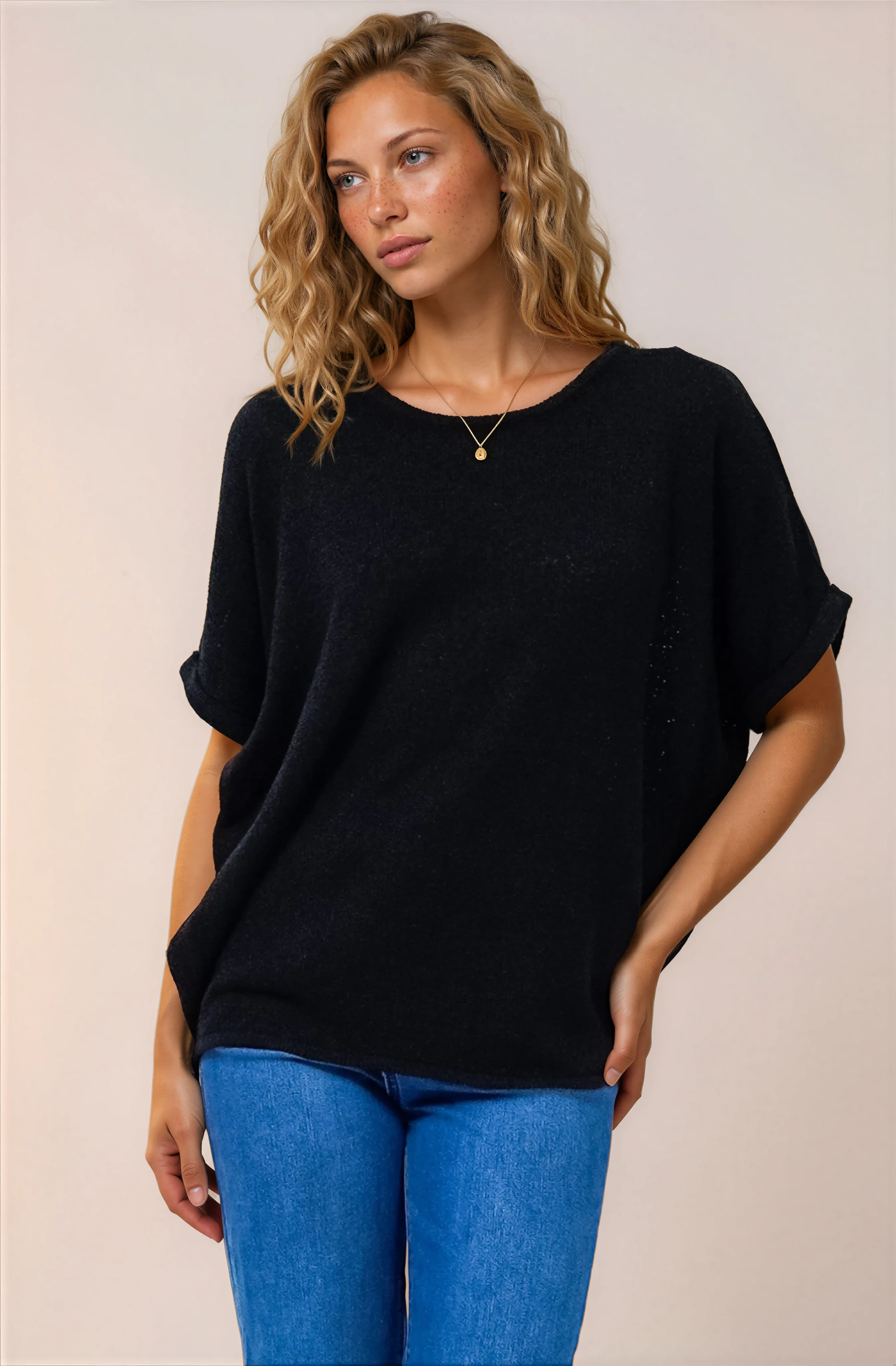 Andre Top - Crew Neck Slouchy Knit Top with Cuffed Short Sleeves in Black - Image 4